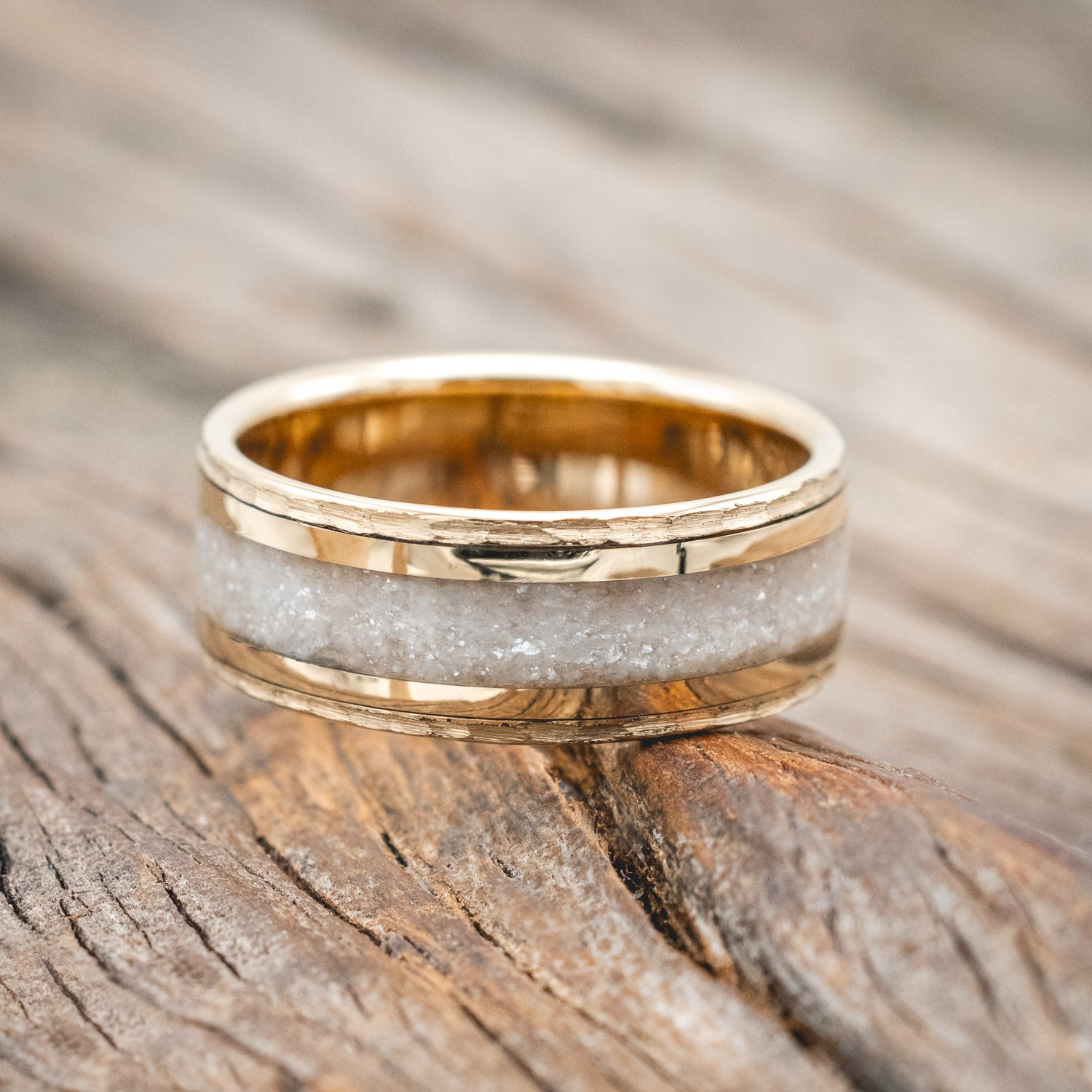 "HOLLIS" - DIAMOND DUST WEDDING RING WITH 14K GOLD INLAYS AND A HAMMERED FINISH-Staghead Designs