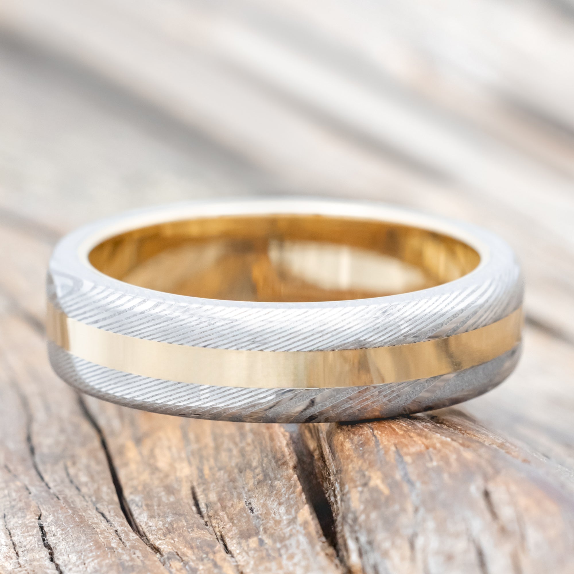 "Nirvana" - Etched Damascus Steel & 14K Gold Inlay Wedding Band - 14K Yellow Gold (6mm) - Size 10 1/2