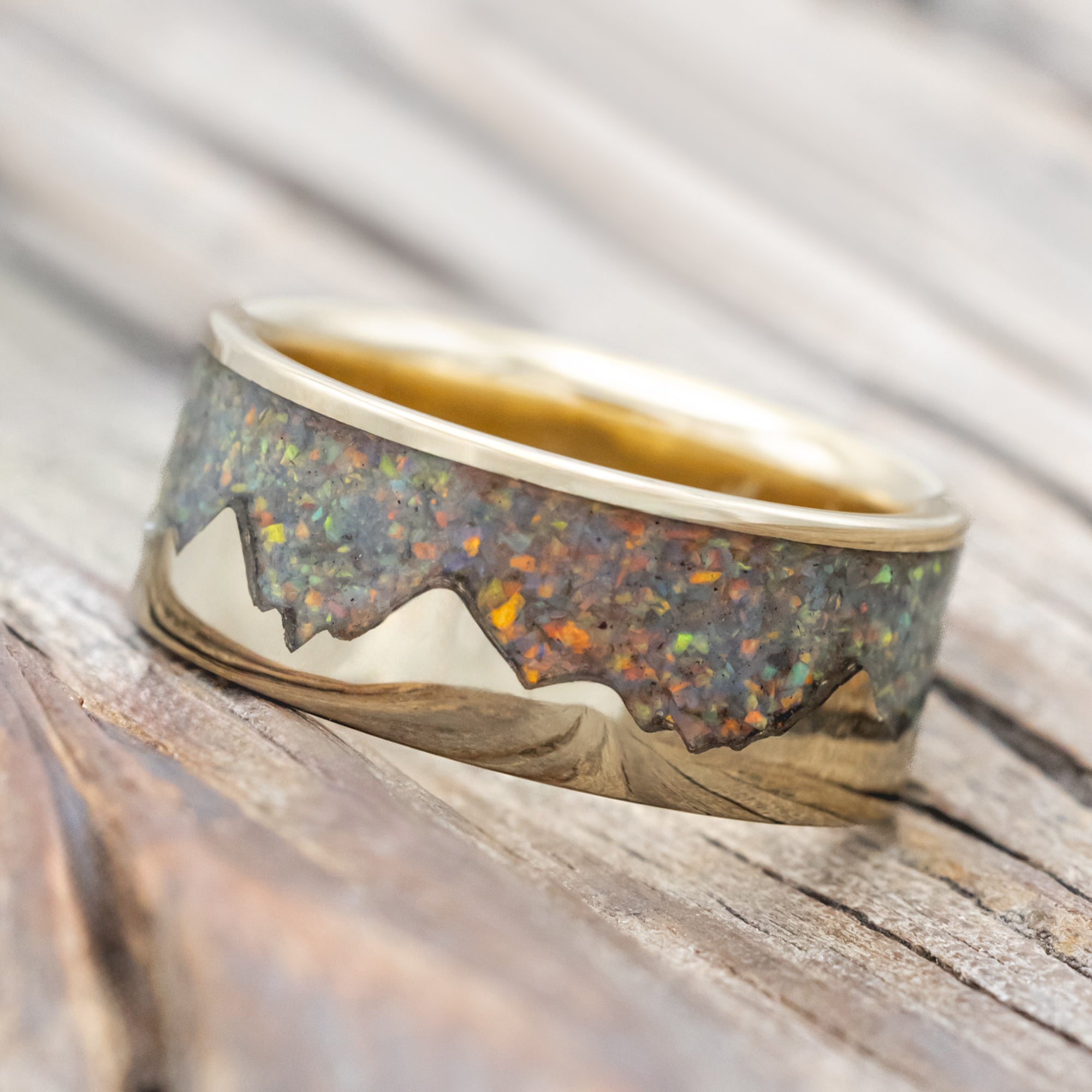 "HELIOS" - FIRE AND ICE OPAL & GOLD MOUNTAIN RANGE WEDDING RING-Staghead Designs