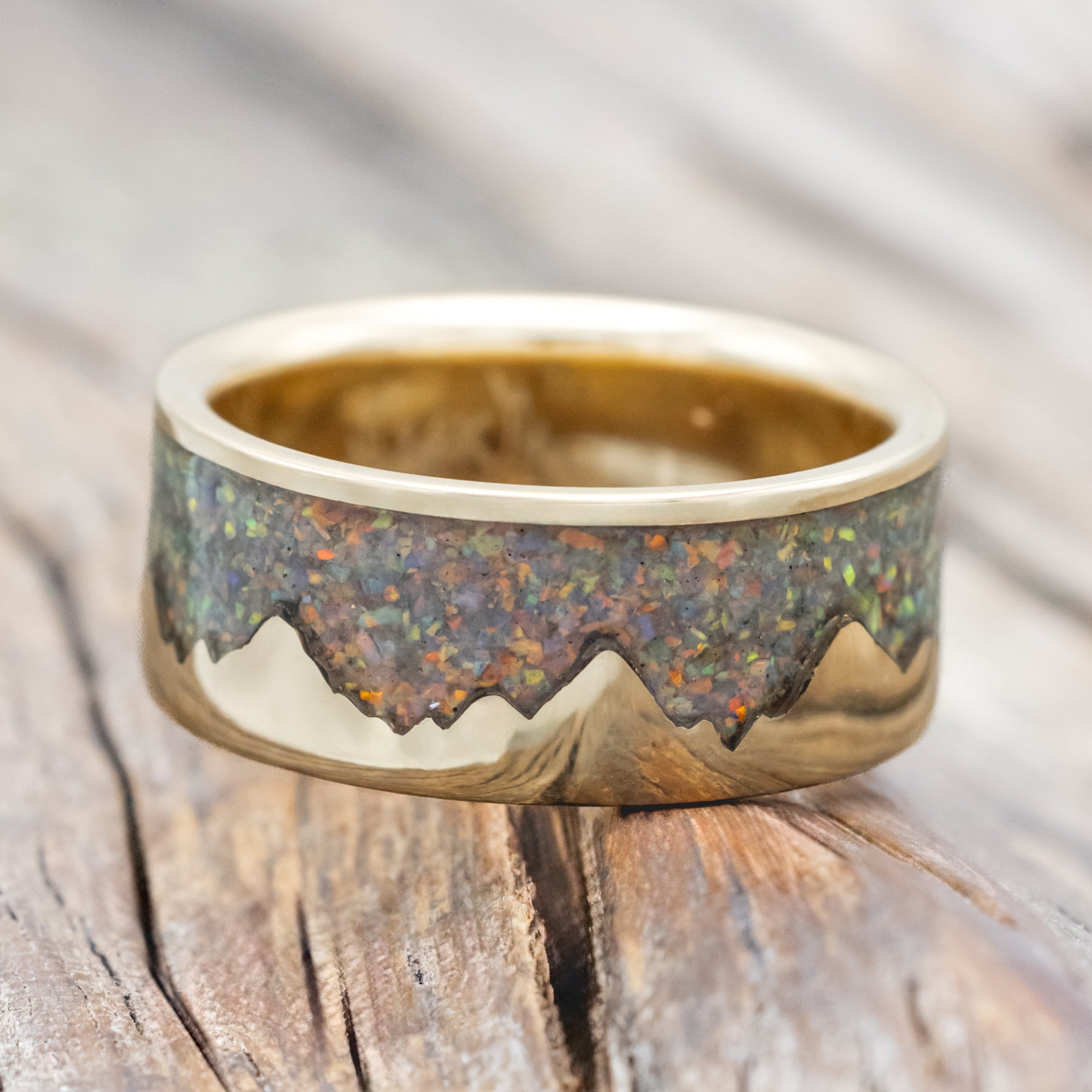 "HELIOS" - FIRE AND ICE OPAL & GOLD MOUNTAIN RANGE WEDDING RING-Staghead Designs