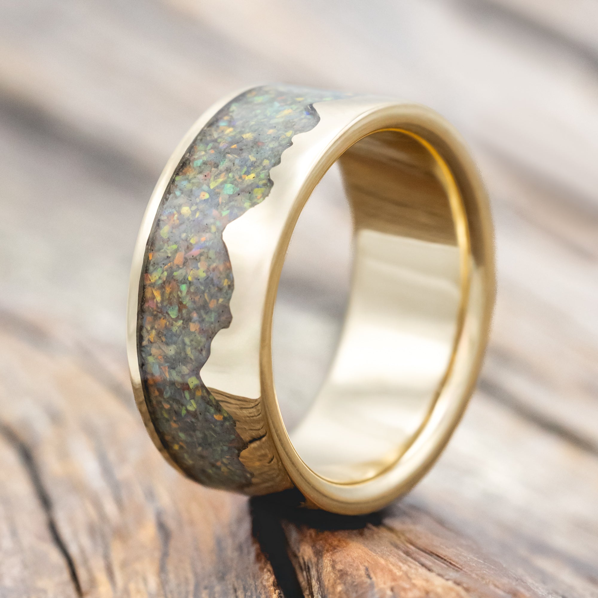 "HELIOS" - FIRE AND ICE OPAL & GOLD MOUNTAIN RANGE WEDDING RING-Staghead Designs