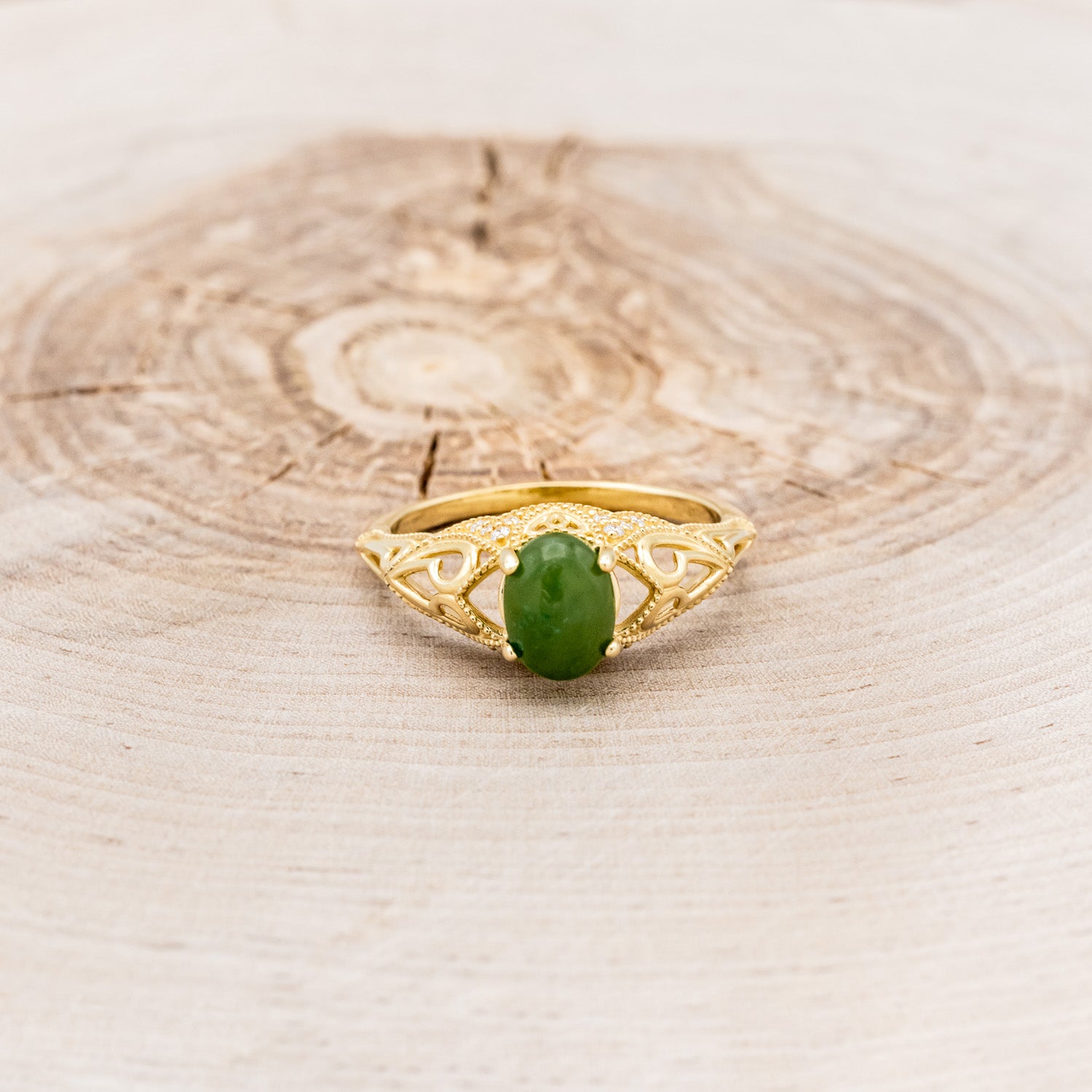 "RELICA" - OVAL JADE ENGAGEMENT RING WITH DIAMOND ACCENTS-10