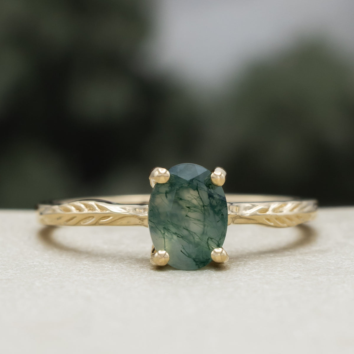 "Hope" - Oval Cut Moss Agate Solitaire Engagement Ring With Feather Accents-Staghead Designs
