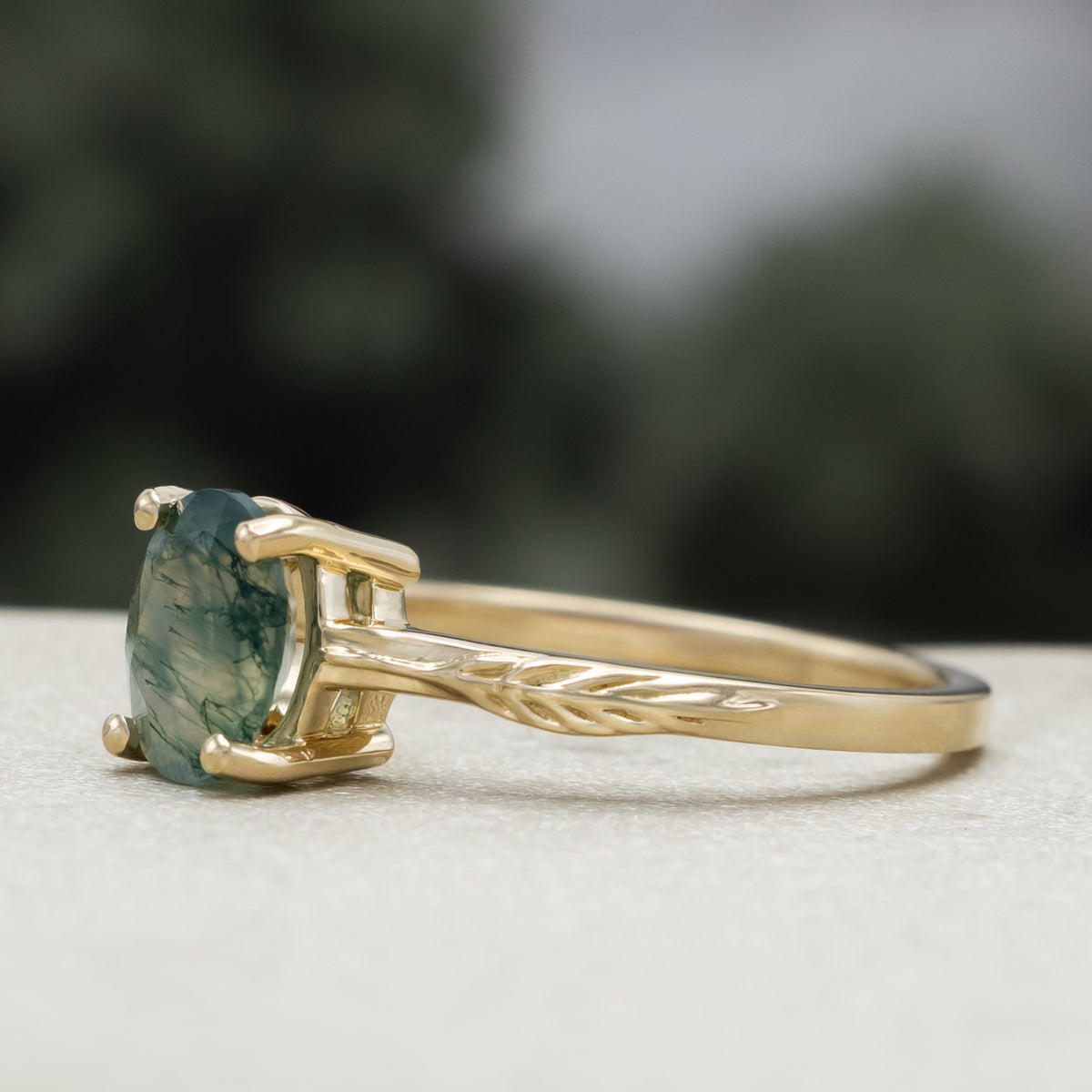 "Hope" - Oval Cut Moss Agate Solitaire Engagement Ring With Feather Accents-Staghead Designs