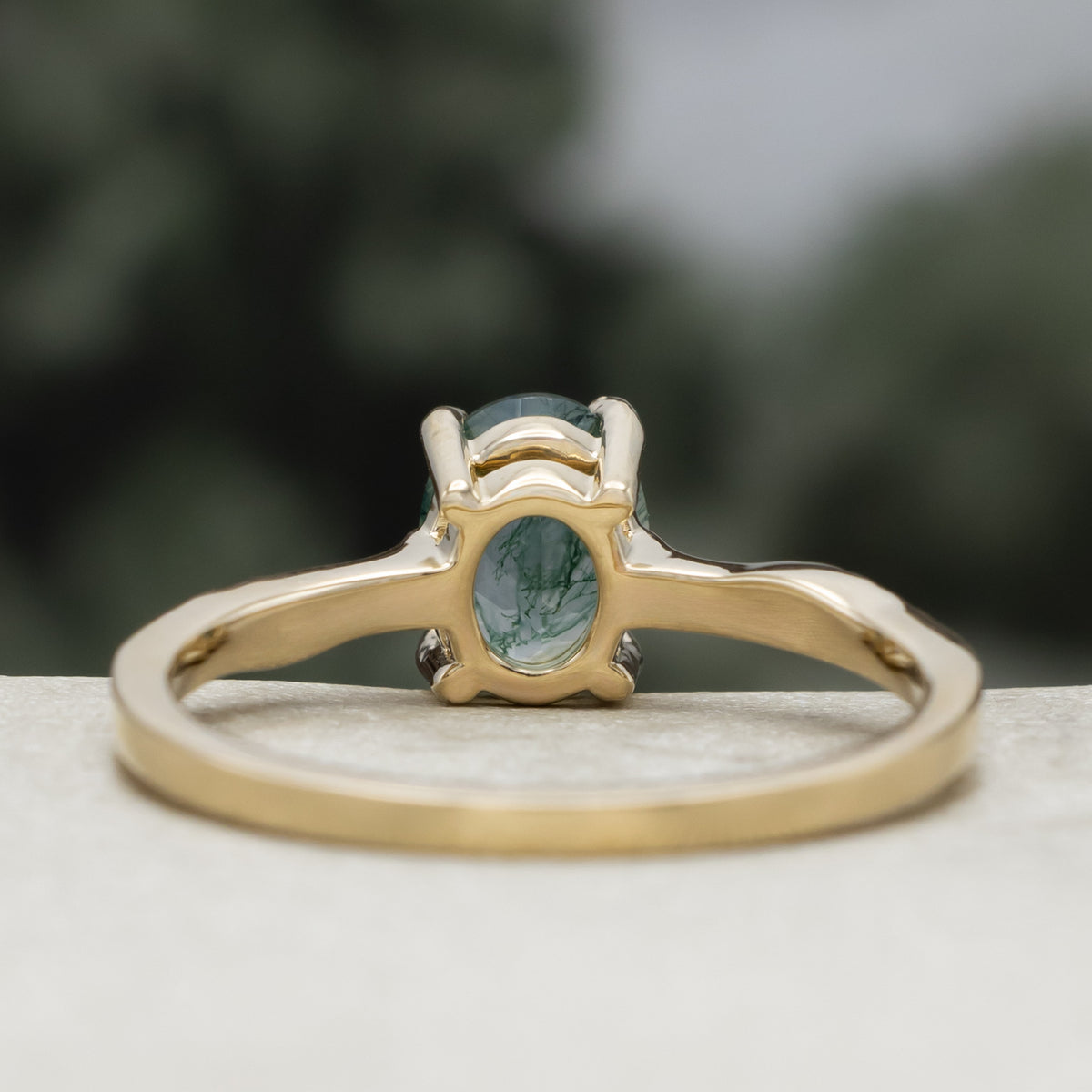 "Hope" - Oval Cut Moss Agate Solitaire Engagement Ring With Feather Accents-Staghead Designs