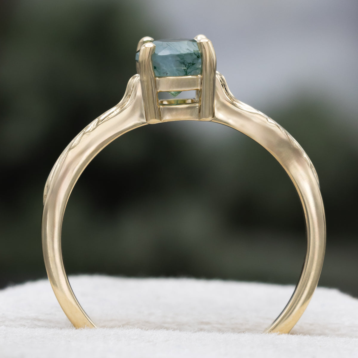 "Hope" - Oval Cut Moss Agate Solitaire Engagement Ring With Feather Accents-Staghead Designs