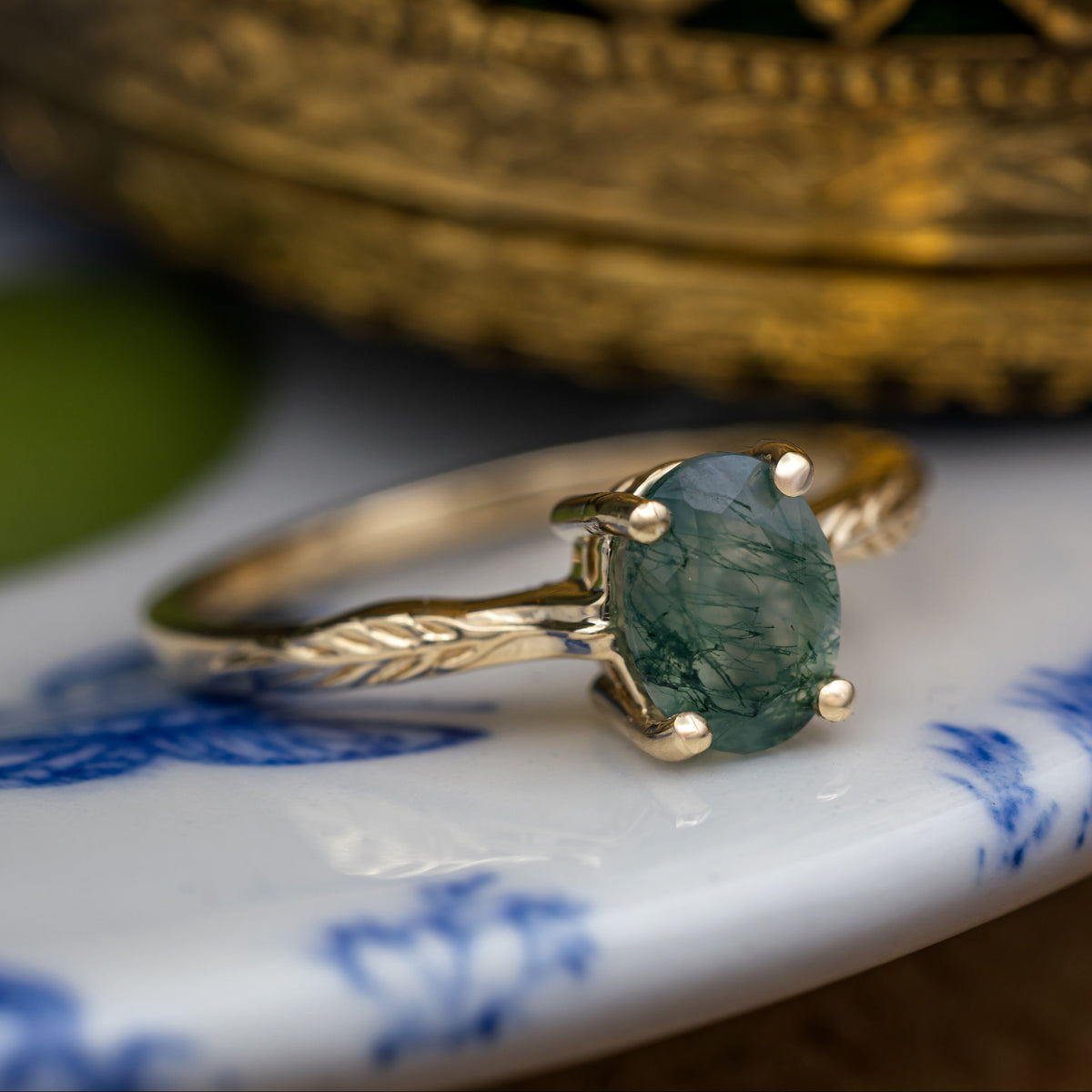 "Hope" - Oval Cut Moss Agate Solitaire Engagement Ring With Feather Accents-Staghead Designs