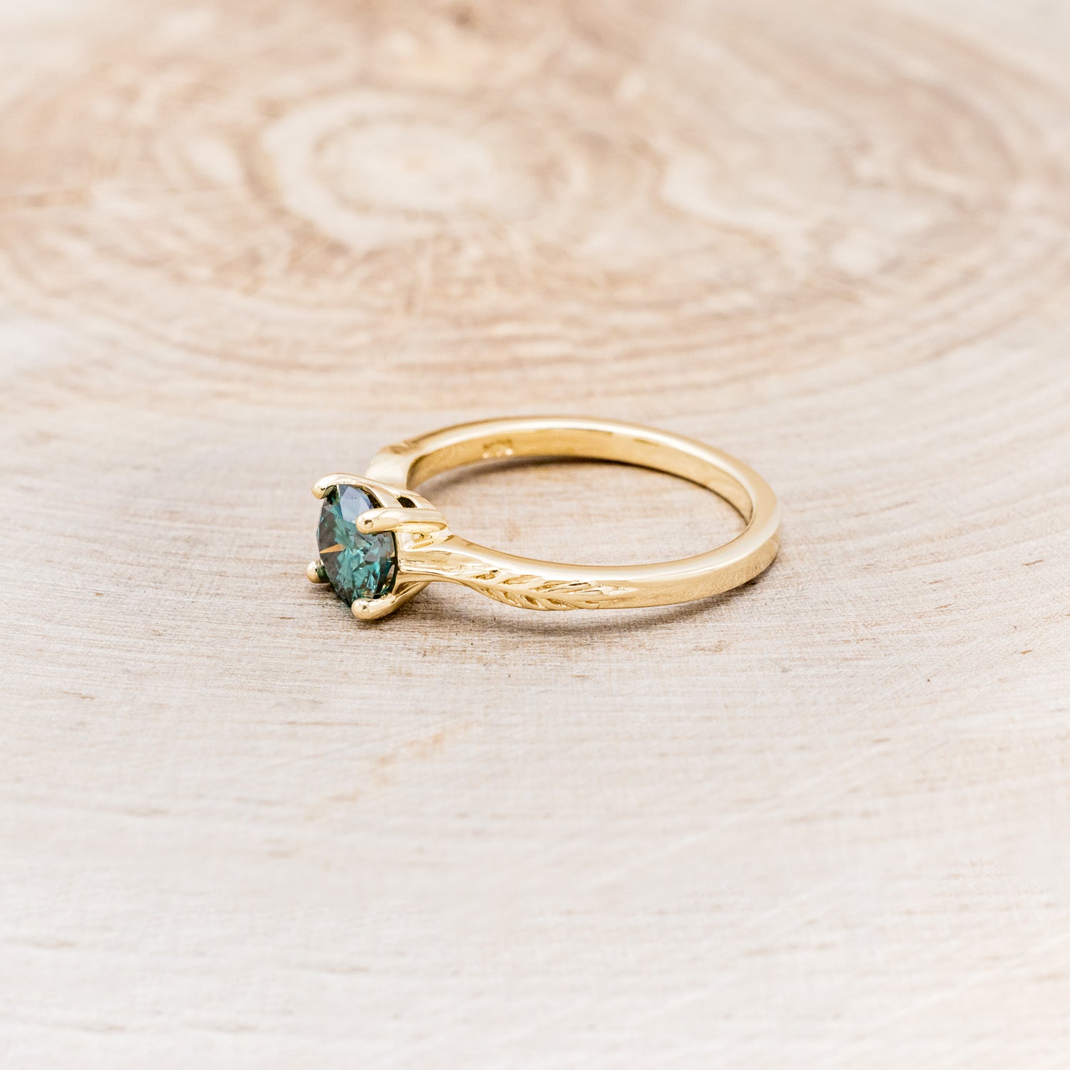 "HOPE" - ROUND CUT MEDEINA GREEN MOISSANITE SOLITAIRE ENGAGEMENT RING WITH FEATHER ACCENTS-9