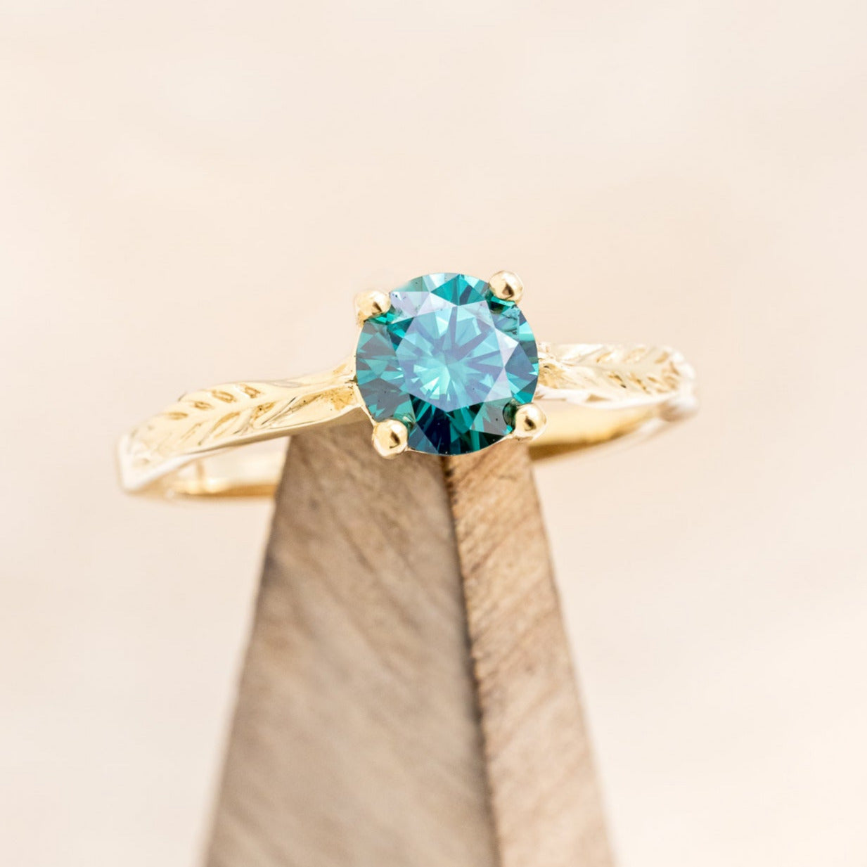 "HOPE" - ROUND CUT MEDEINA GREEN MOISSANITE SOLITAIRE ENGAGEMENT RING WITH FEATHER ACCENTS-7