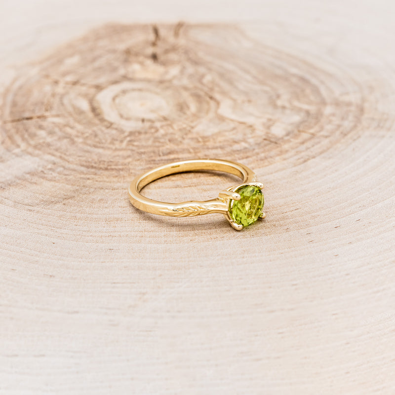 "HOPE" - ROUND CUT PERIDOT SOLITAIRE ENGAGEMENT RING WITH FEATHER ACCENTS-2