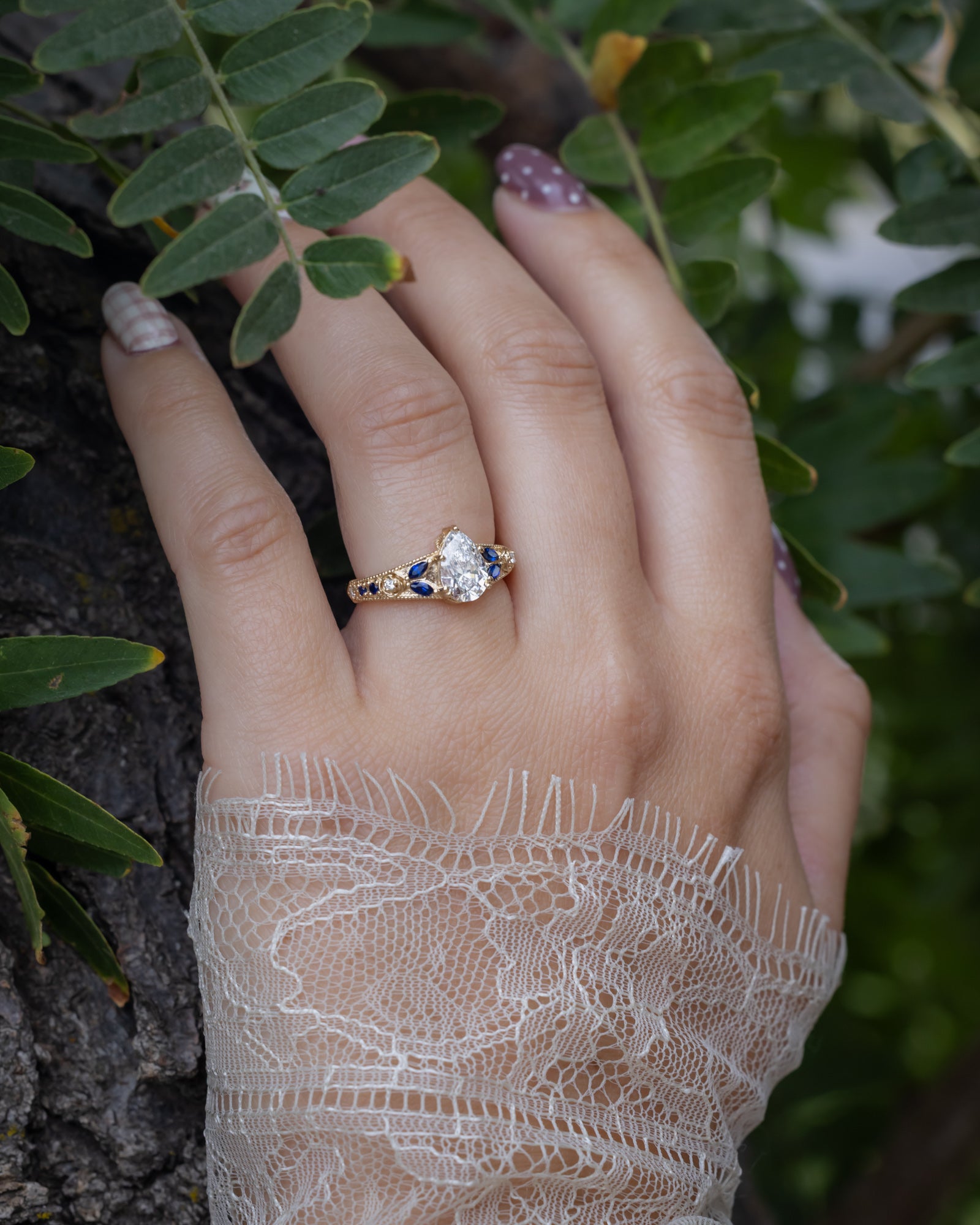 "Iris" - Lab-Grown Pear Cut Diamond Engagement Ring With Diamond & Lab-Grown Blue Sapphire Accents-Staghead Designs