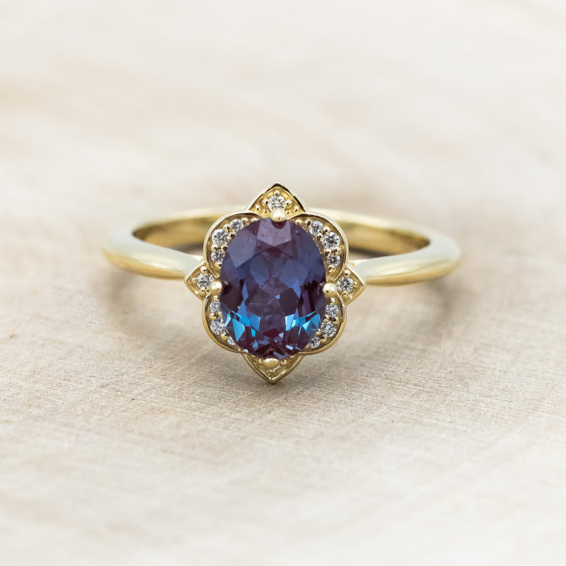 "JANE" - OVAL LAB-GROWN ALEXANDRITE ENGAGEMENT RING WITH DIAMONDS ACCENTS