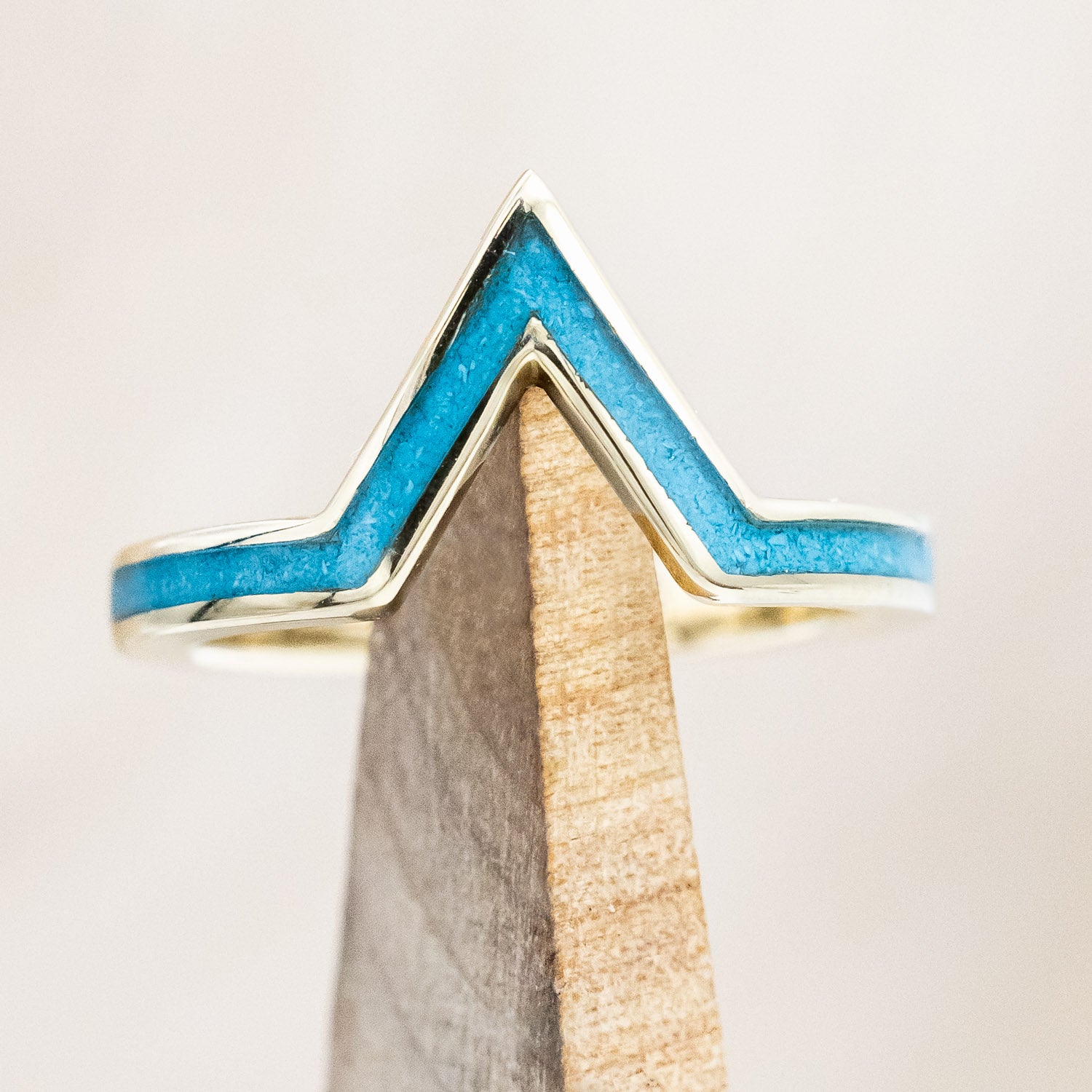 "JENNY" - TRIANGLE CABOCHON CUT MOONSTONE ENGAGEMENT RING WITH TURQUOISE V-SHAPED TRACER-Staghead Designs
