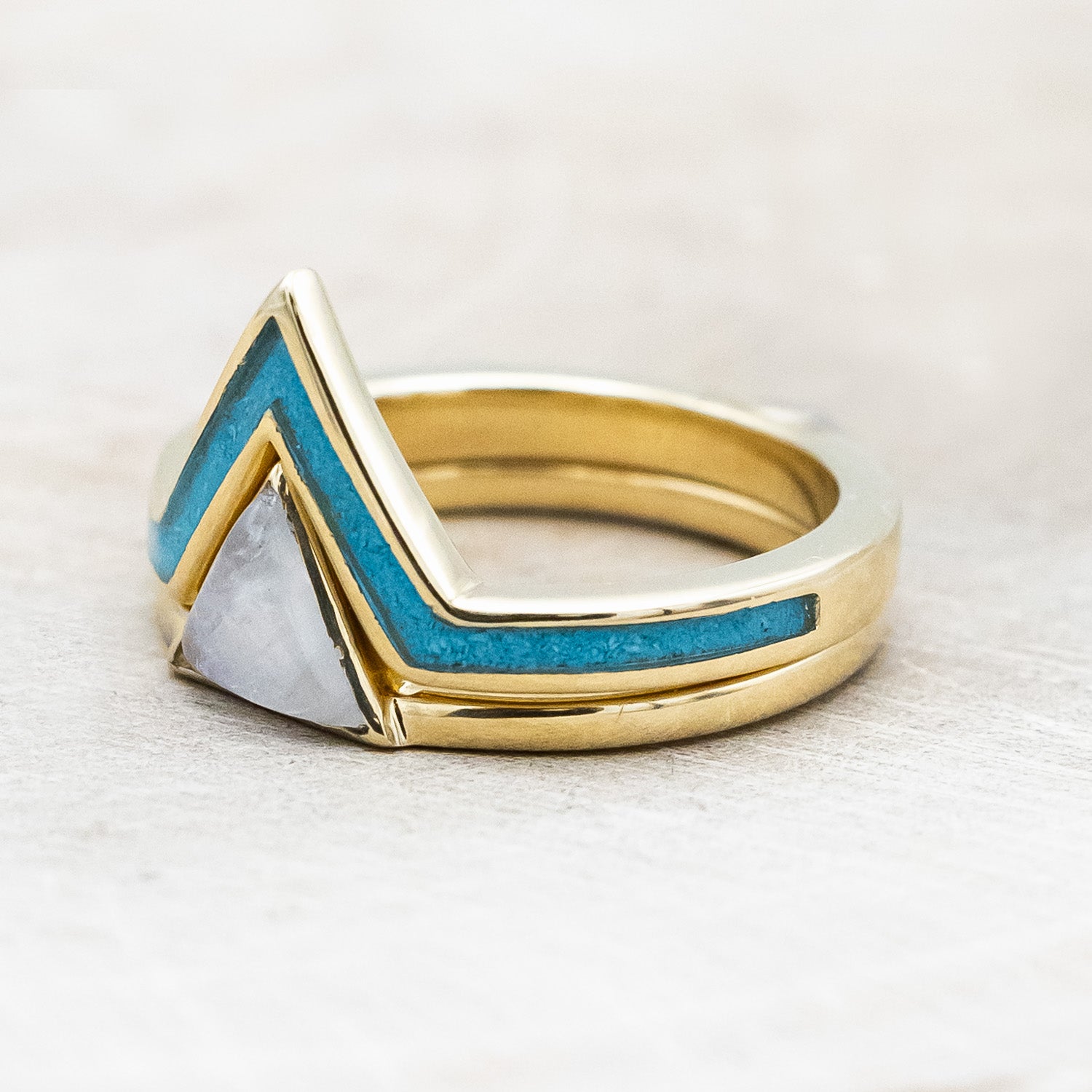 "JENNY" - TRIANGLE CABOCHON CUT MOONSTONE ENGAGEMENT RING WITH TURQUOISE V-SHAPED TRACER-Staghead Designs