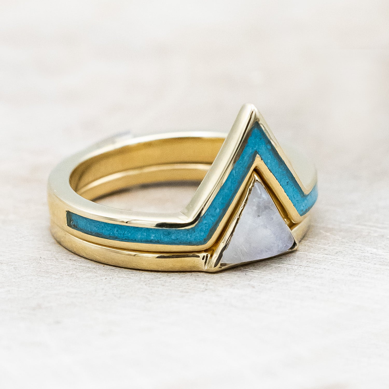 "JENNY" - TRIANGLE CABOCHON CUT MOONSTONE ENGAGEMENT RING WITH TURQUOISE V-SHAPED TRACER-Staghead Designs