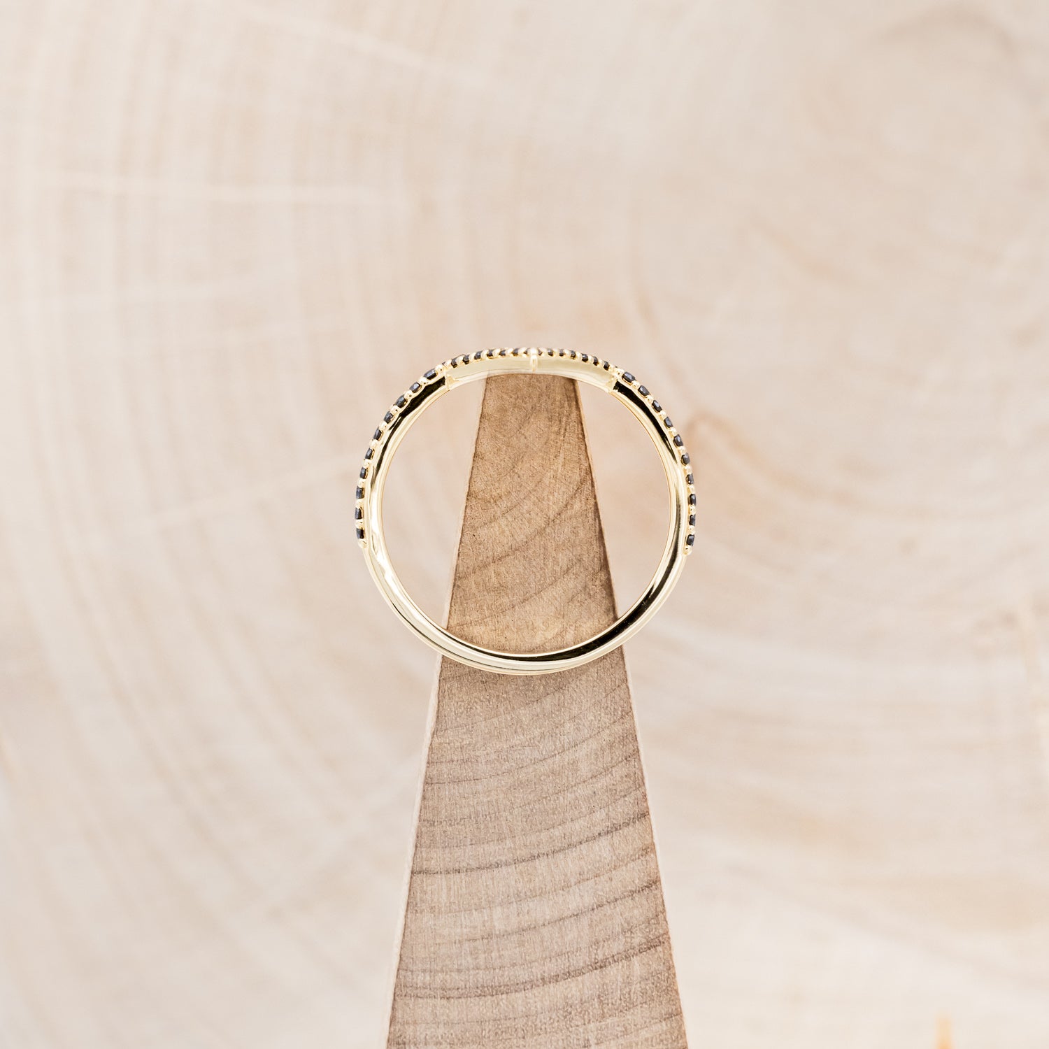 "JENNY FROM THE BLOCK" - TRIANGLE MOONSTONE ENGAGEMENT RING WITH BLACK DIAMOND V-SHAPED TRACER-35