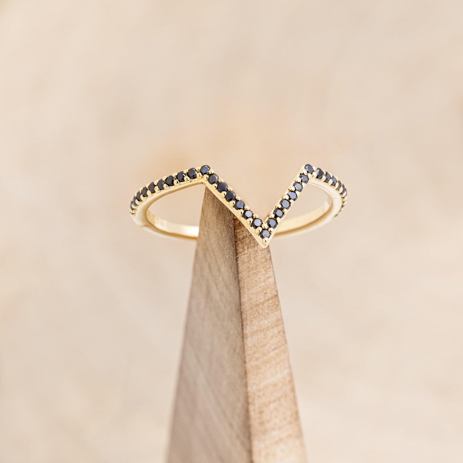 "JENNY FROM THE BLOCK" - TRIANGLE MOONSTONE ENGAGEMENT RING WITH BLACK DIAMOND V-SHAPED TRACER-13