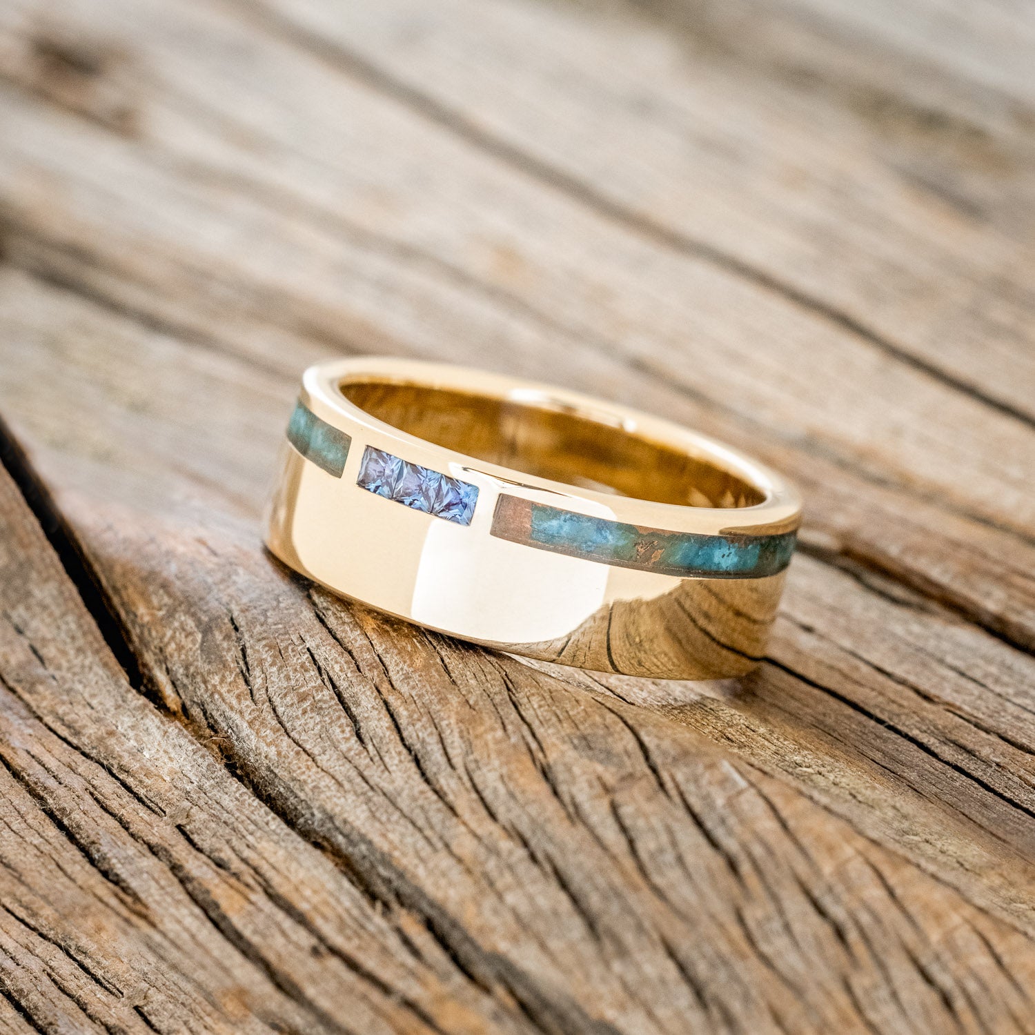 "JULIAN" - PATINA COPPER & PRINCESS CUT GEMSTONE WEDDING BAND-Staghead Designs
