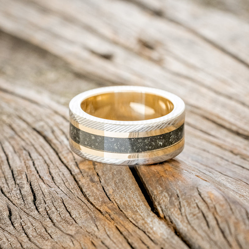 "KALDER" - PYRITE & 14K GOLD INLAYS WEDDING RING FEATURING A 14K GOLD LINED DAMASCUS STEEL BAND-3