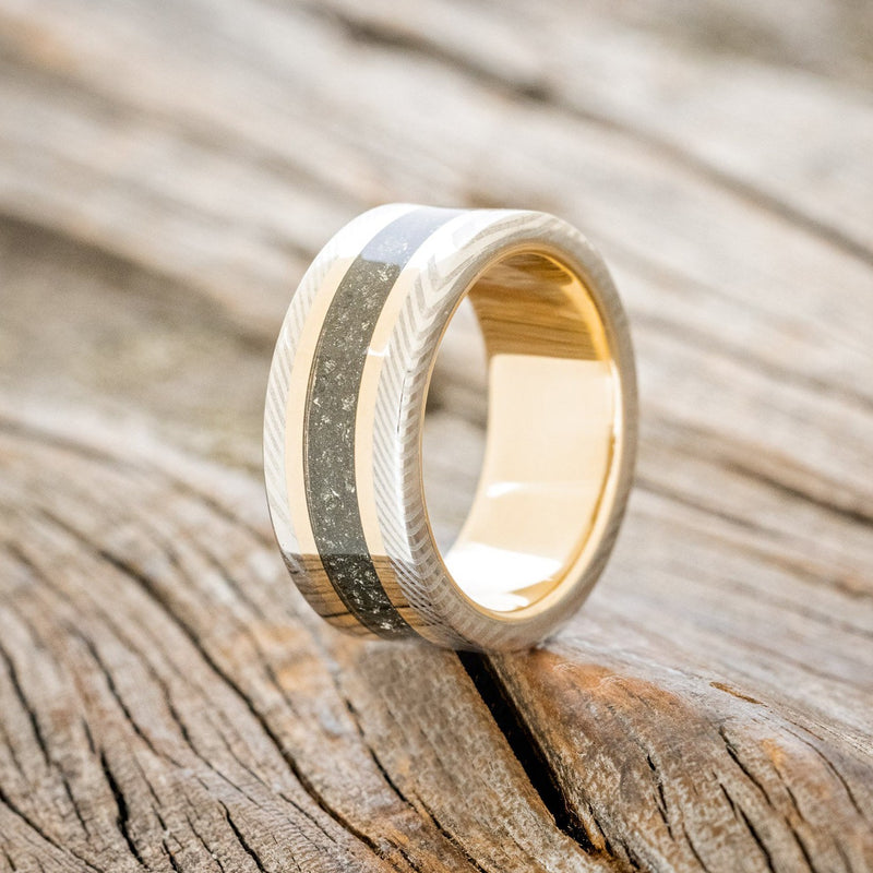 "KALDER" - PYRITE & 14K GOLD INLAYS WEDDING RING FEATURING A 14K GOLD LINED DAMASCUS STEEL BAND-1