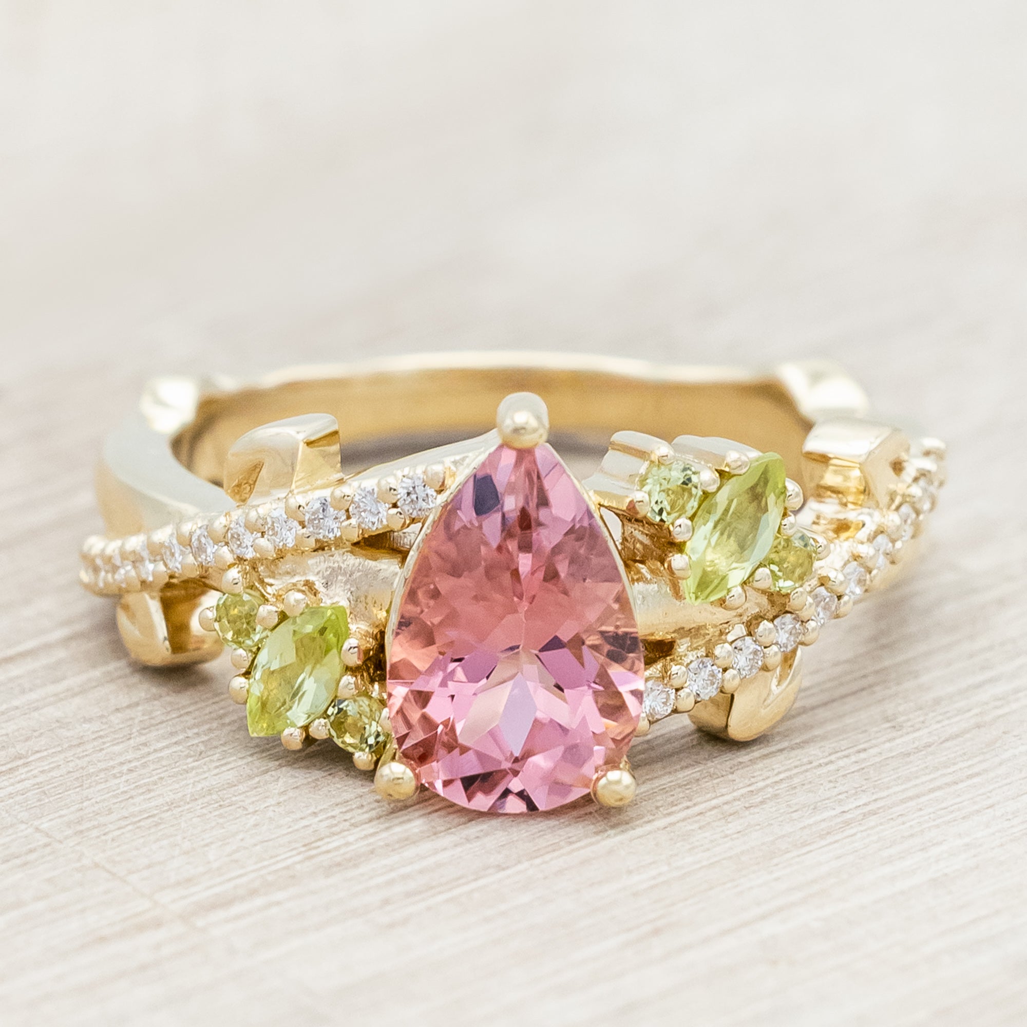 "KAMILA" - PEAR CUT PINK TOURMALINE ENGAGEMENT RING WITH PERIDOT & DIAMOND ACCENTS-Staghead Designs