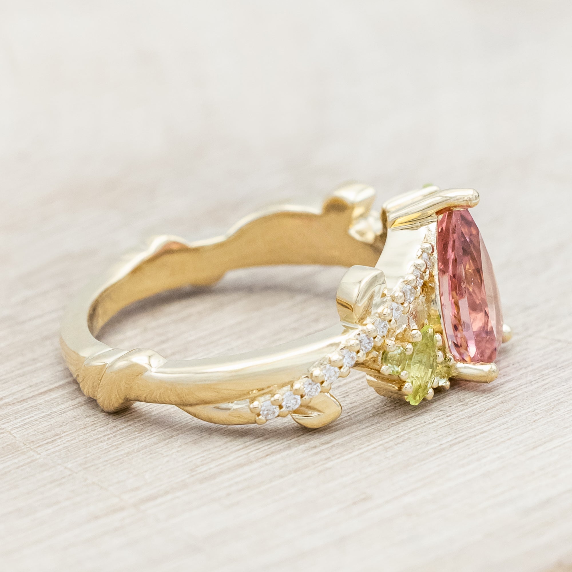 "KAMILA" - PEAR CUT PINK TOURMALINE ENGAGEMENT RING WITH PERIDOT & DIAMOND ACCENTS-Staghead Designs