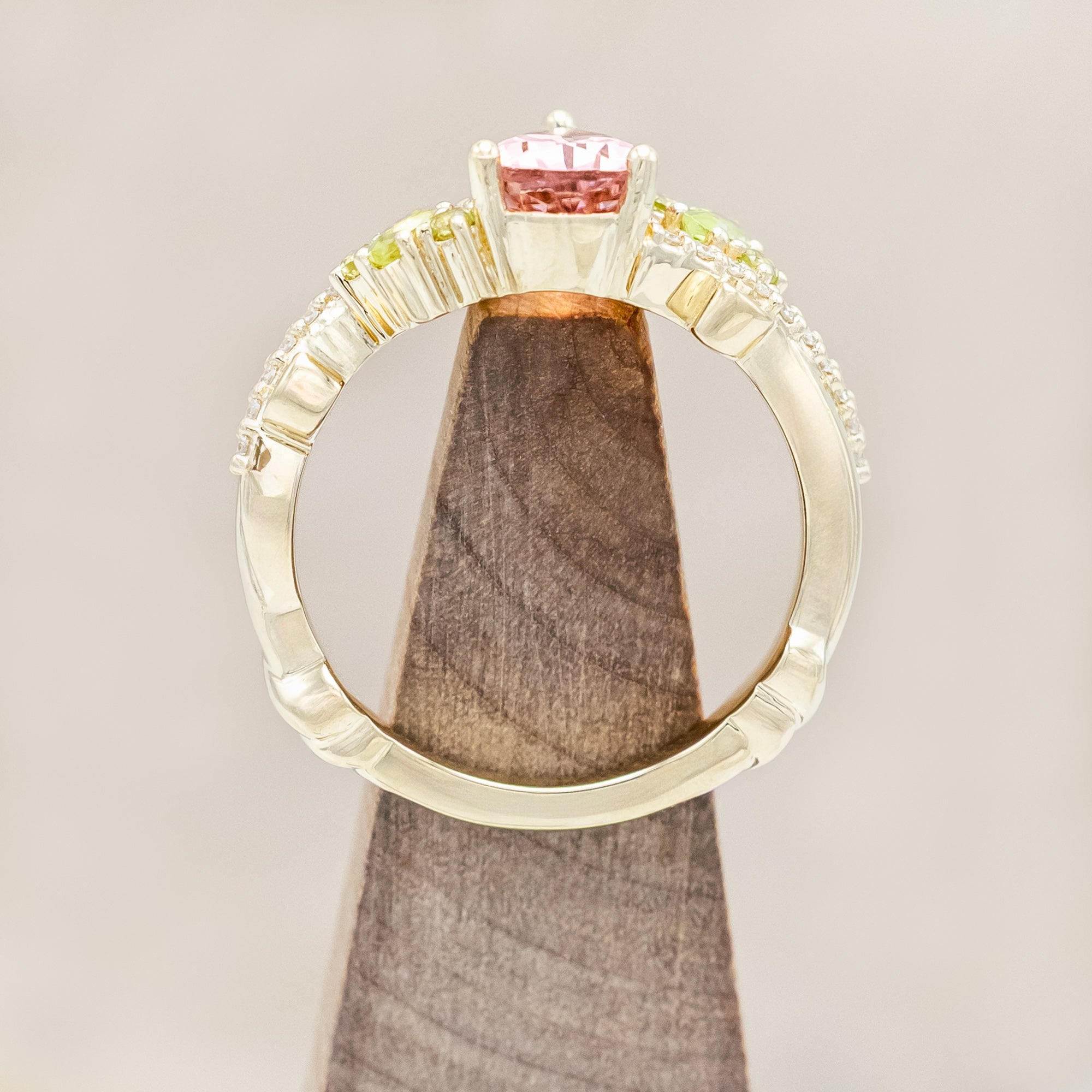 "KAMILA" - PEAR CUT PINK TOURMALINE ENGAGEMENT RING WITH PERIDOT & DIAMOND ACCENTS-Staghead Designs