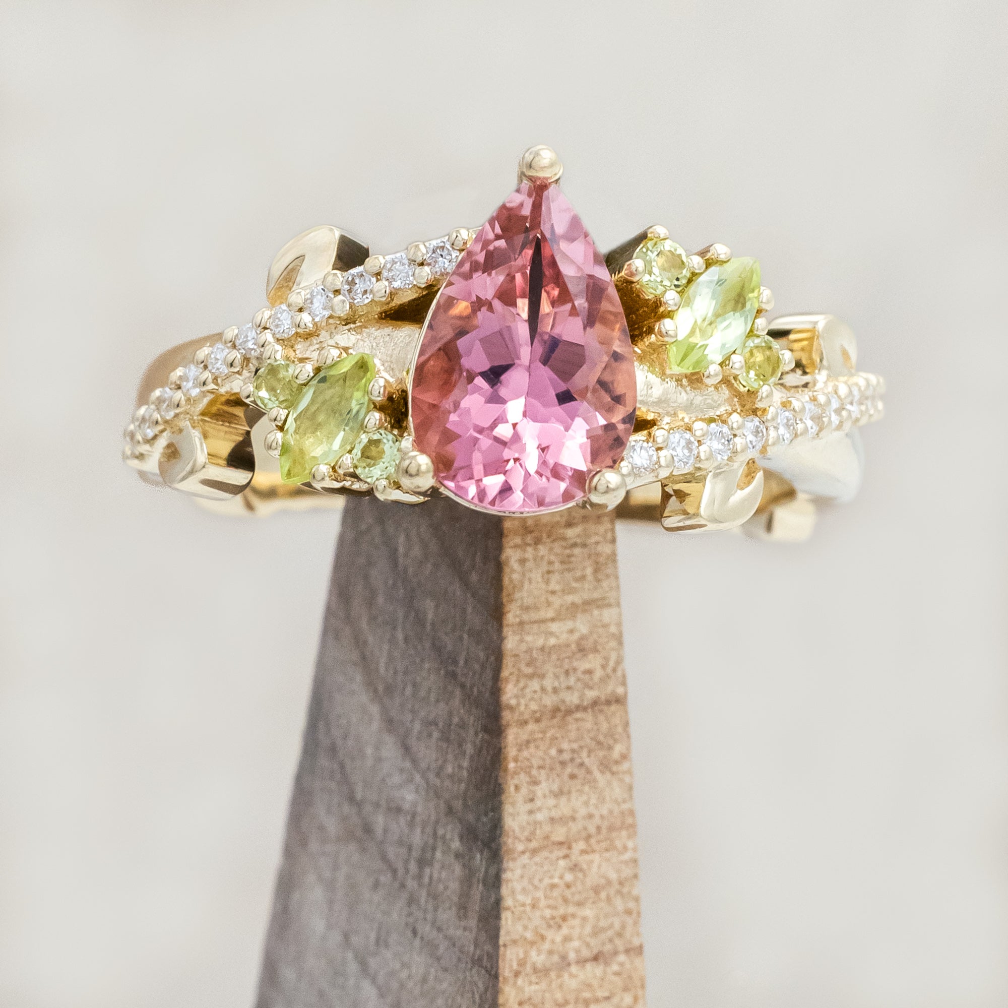 "KAMILA" - PEAR CUT PINK TOURMALINE ENGAGEMENT RING WITH PERIDOT & DIAMOND ACCENTS-Staghead Designs