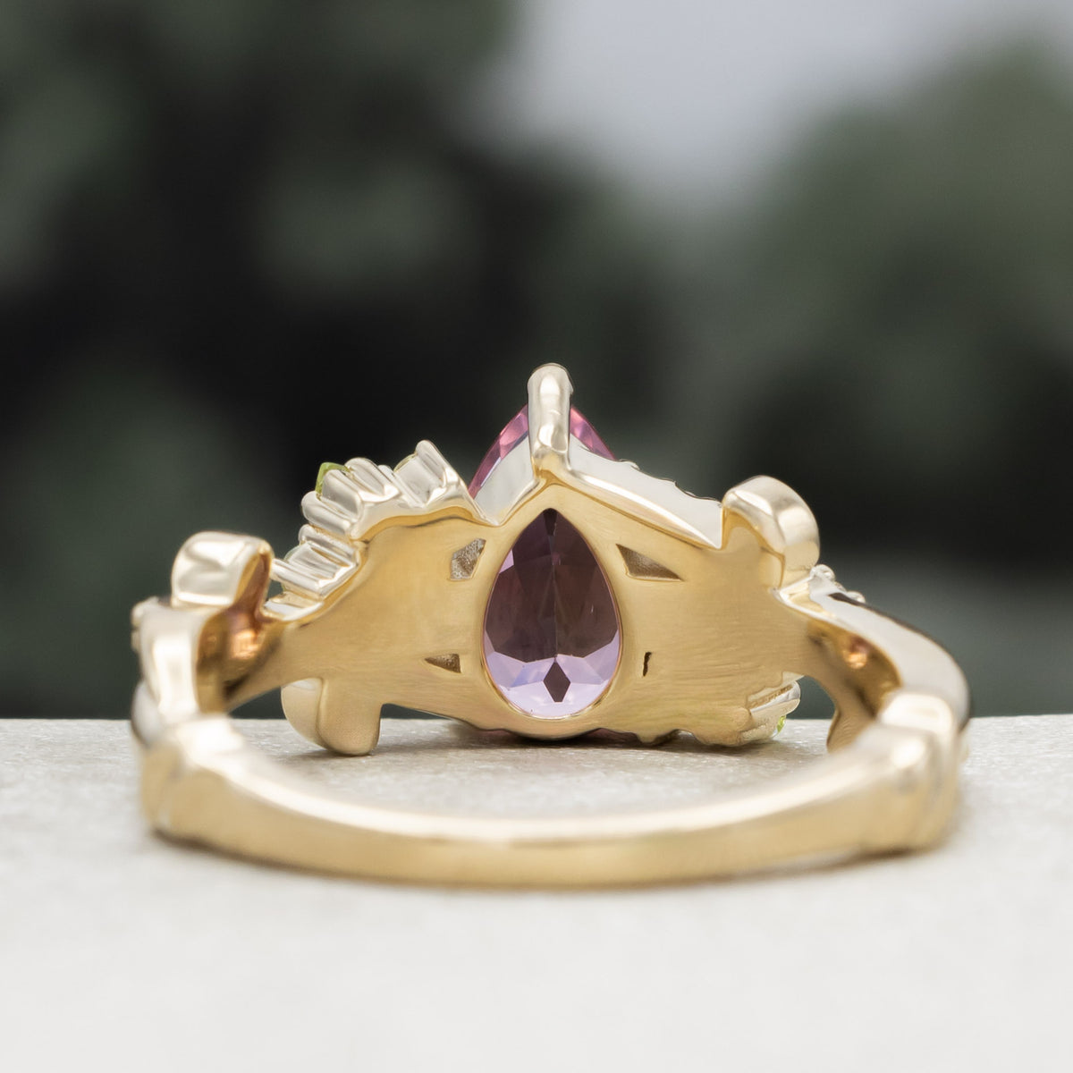 "Kamila" - Pear Cut Pink Tourmaline Engagement Ring With Peridot & Diamond Accents-Staghead Designs
