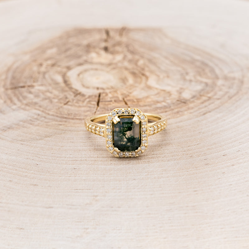 "KARLA" - EMERALD CUT MOSS AGATE ENGAGEMENT RING WITH DIAMOND HALO & ACCENTS-4