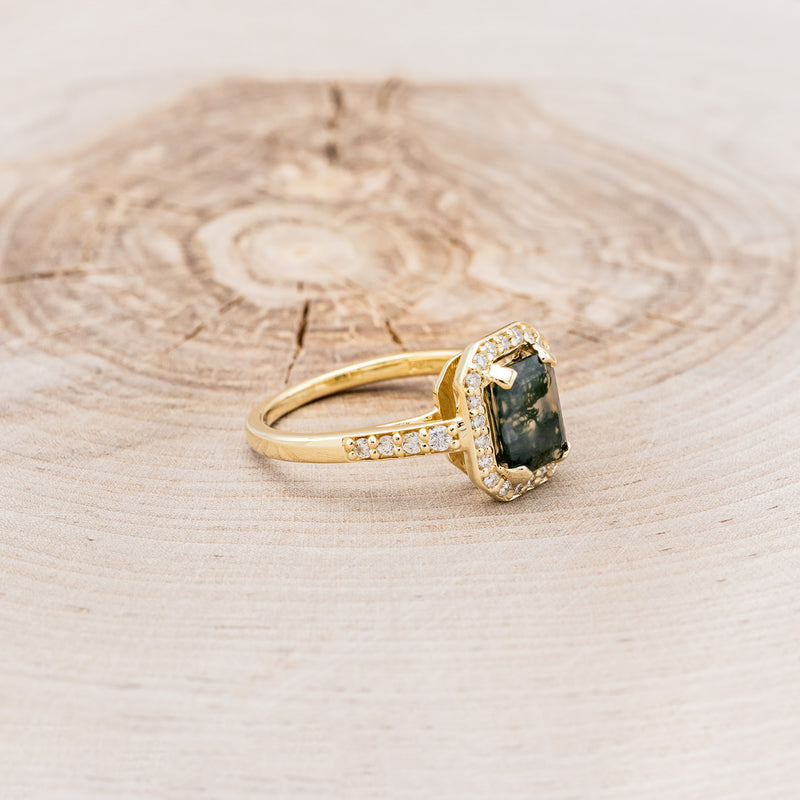 "KARLA" - EMERALD CUT MOSS AGATE ENGAGEMENT RING WITH DIAMOND HALO & ACCENTS-2