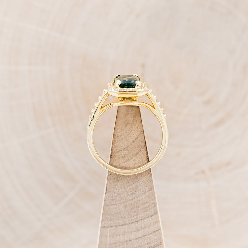 "KARLA" - EMERALD CUT MOSS AGATE ENGAGEMENT RING WITH DIAMOND HALO & ACCENTS-6