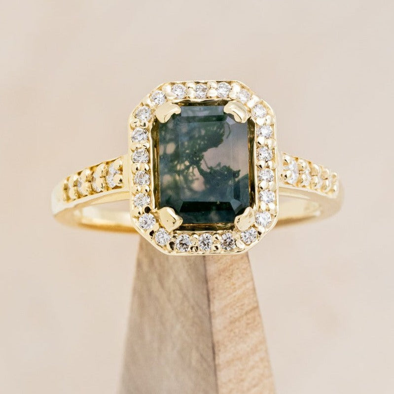 "KARLA" - EMERALD CUT MOSS AGATE ENGAGEMENT RING WITH DIAMOND HALO & ACCENTS-1