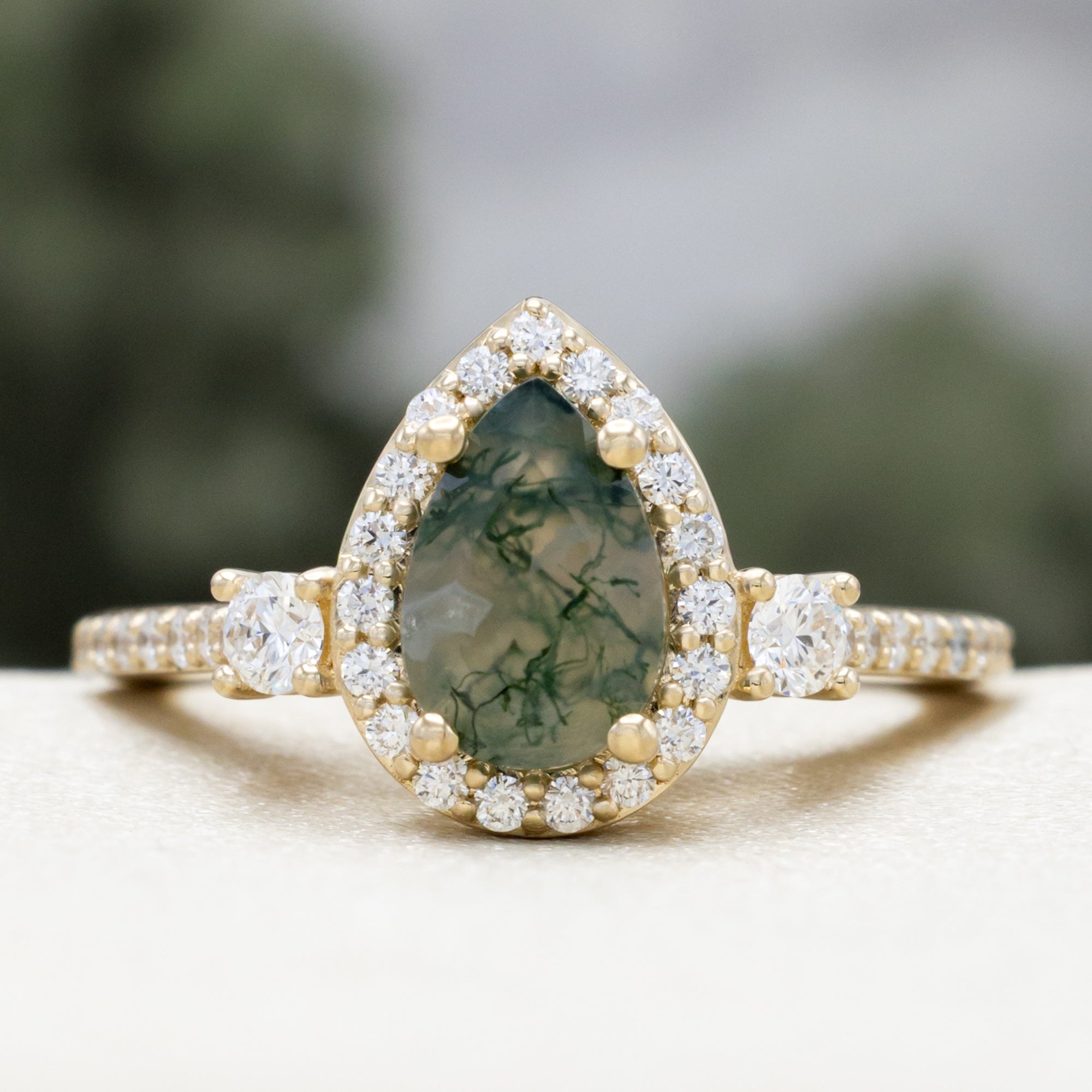 "KB" - PEAR CUT MOSS AGATE ENGAGEMENT RING WITH DIAMOND HALO & ACCENTS-Staghead Designs