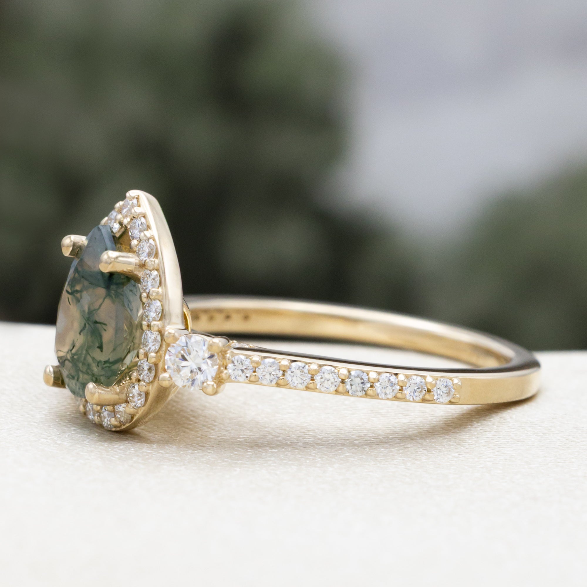 "KB" - PEAR CUT MOSS AGATE ENGAGEMENT RING WITH DIAMOND HALO & ACCENTS-Staghead Designs