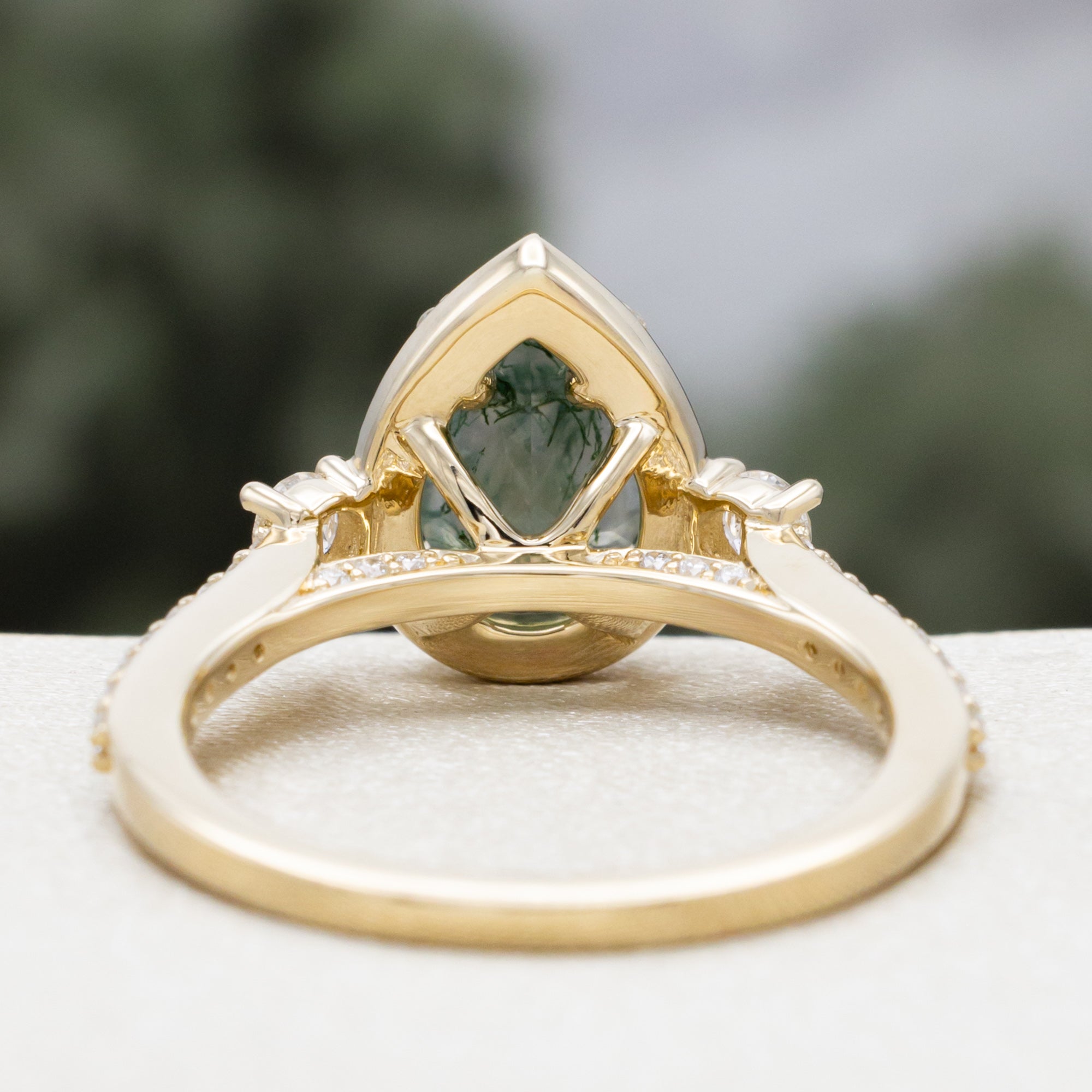 "KB" - PEAR CUT MOSS AGATE ENGAGEMENT RING WITH DIAMOND HALO & ACCENTS-Staghead Designs