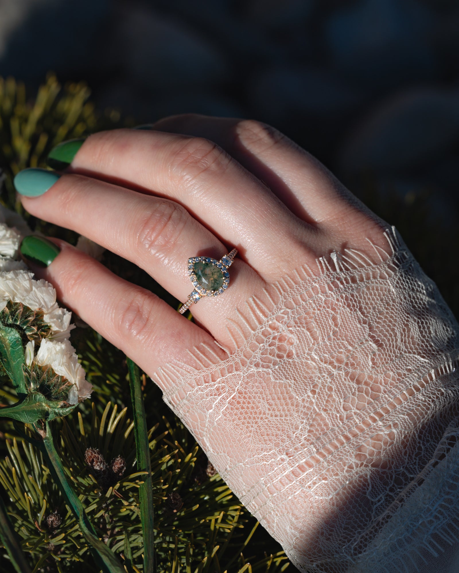"KB" - PEAR CUT MOSS AGATE ENGAGEMENT RING WITH DIAMOND HALO & ACCENTS-Staghead Designs