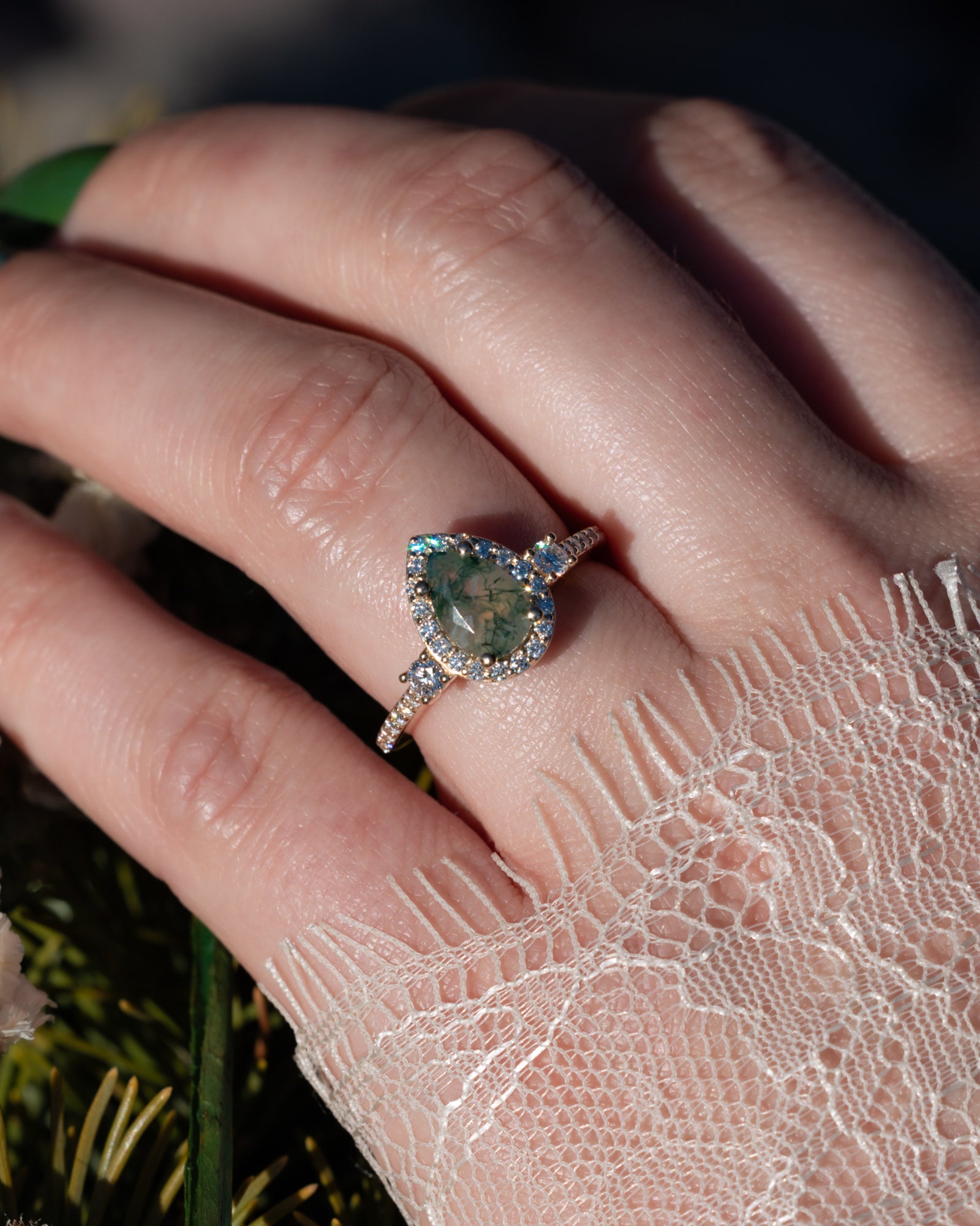 "KB" - PEAR CUT MOSS AGATE ENGAGEMENT RING WITH DIAMOND HALO & ACCENTS-Staghead Designs