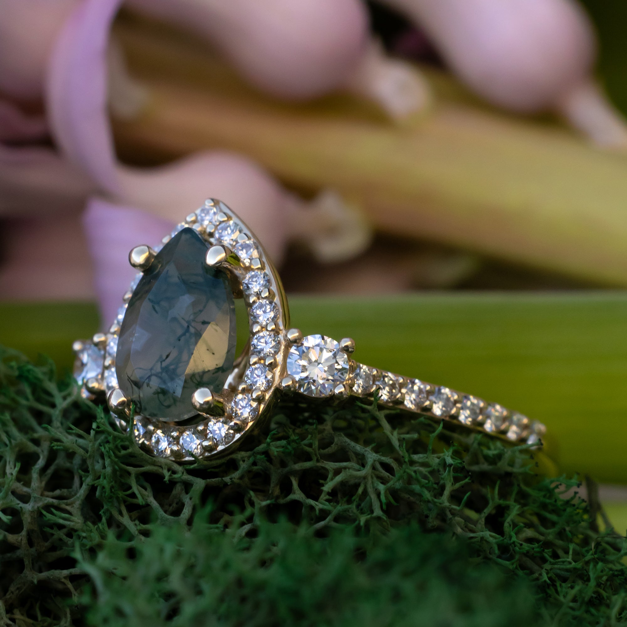 "KB" - PEAR CUT MOSS AGATE ENGAGEMENT RING WITH DIAMOND HALO & ACCENTS-Staghead Designs