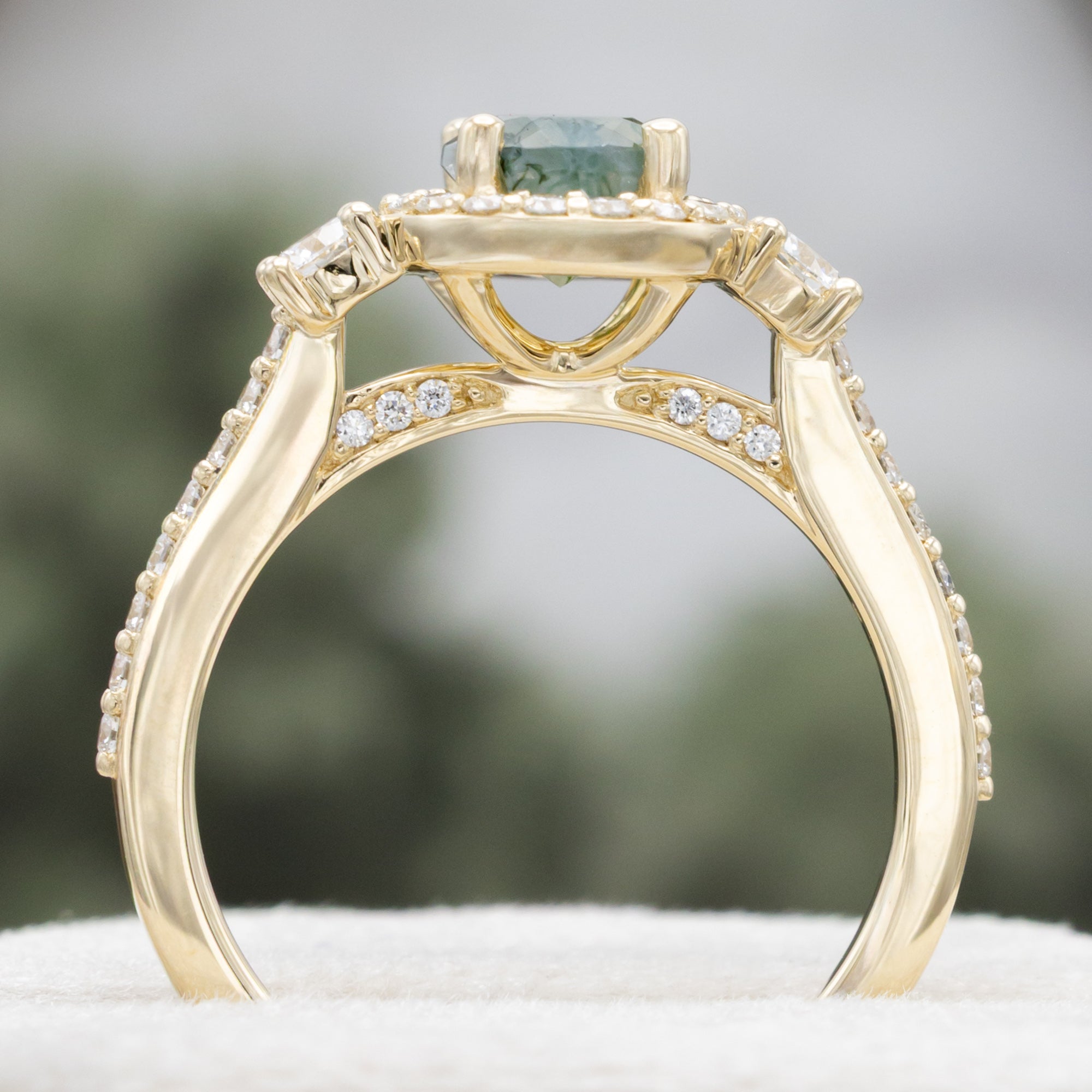 "KB" - PEAR CUT MOSS AGATE ENGAGEMENT RING WITH DIAMOND HALO & ACCENTS-Staghead Designs