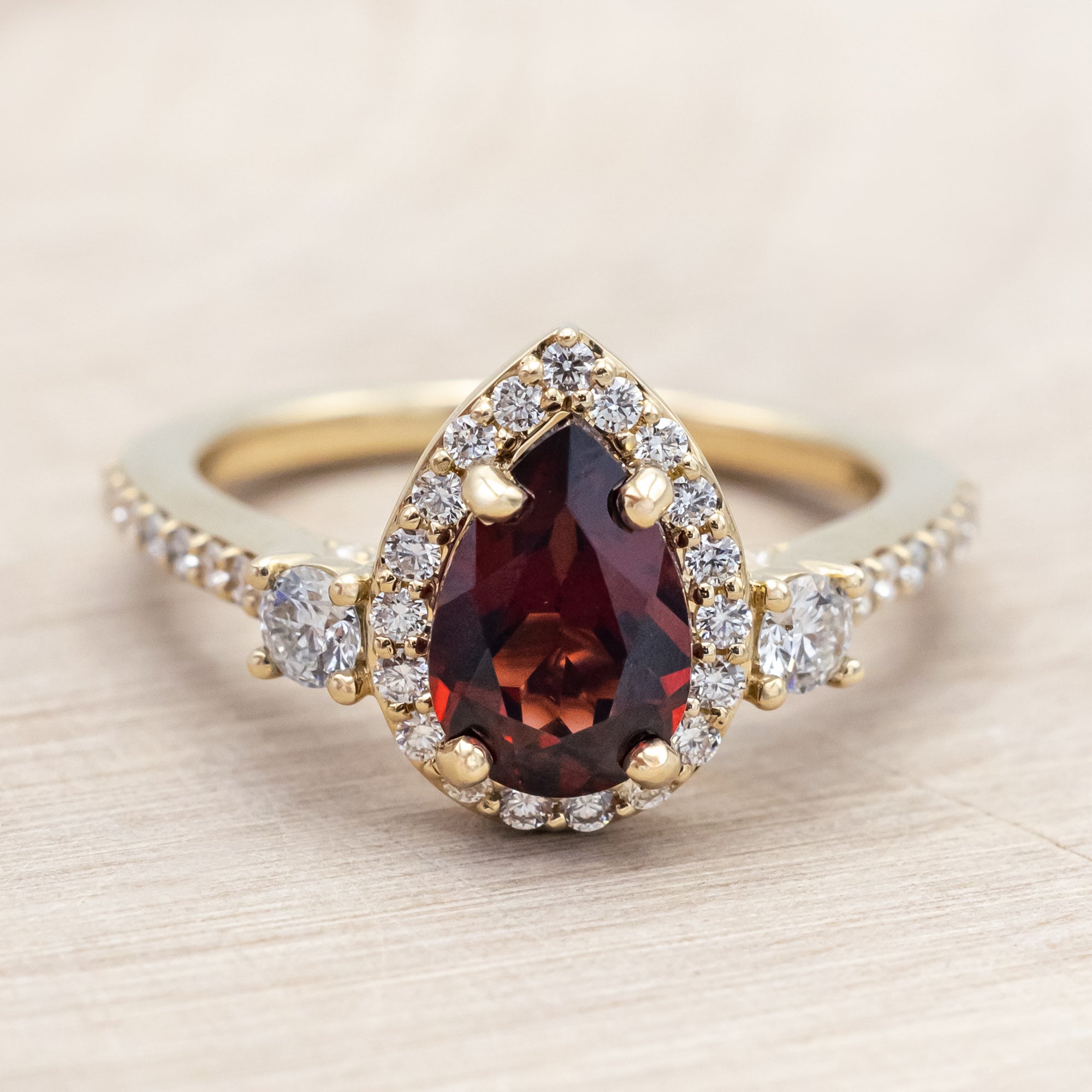 "KB" - PEAR CUT MOZAMBIQUE GARNET ENGAGEMENT RING WITH "FALA" TRACER-Staghead Designs