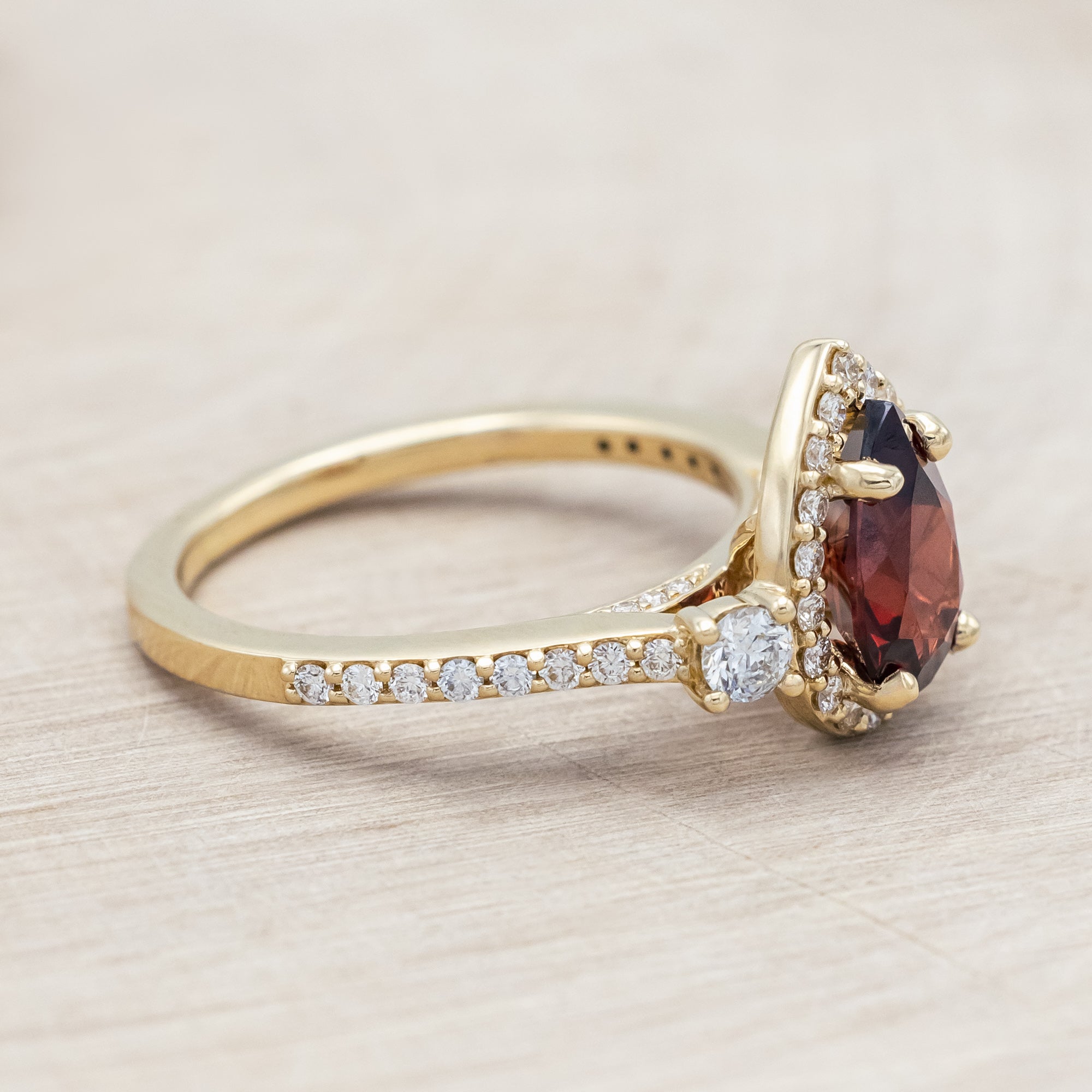 "KB" - PEAR CUT MOZAMBIQUE GARNET ENGAGEMENT RING WITH "FALA" TRACER-Staghead Designs