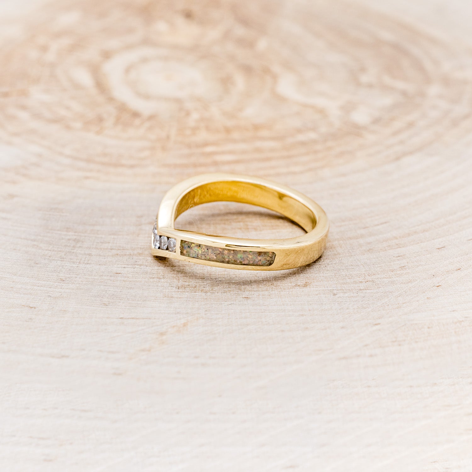 "KIDA" - V-SHAPED STACKING BAND WITH DIAMONDS & FIRE & ICE OPAL INLAYS-3