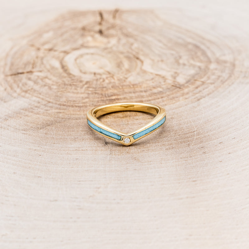 "KIDA" - V-SHAPED STACKING BAND WITH A SINGLE DIAMONDS ACCENT & TURQUOISE INLAYS-4