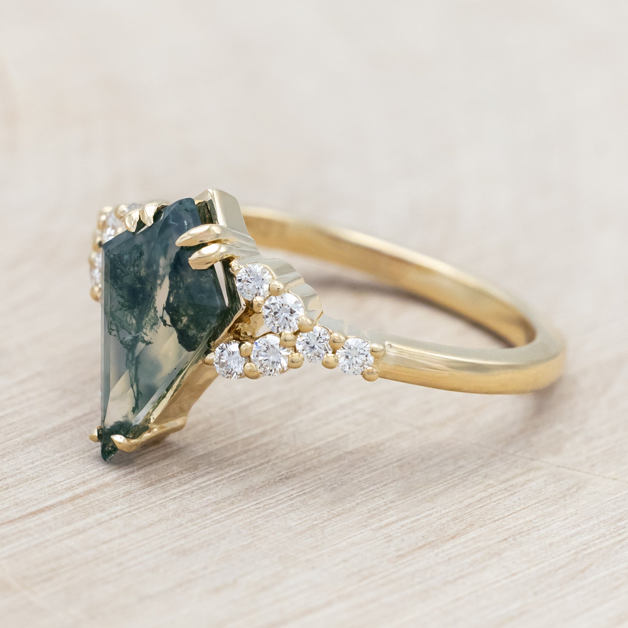 "LANIE" - KITE CUT MOSS AGATE ENGAGEMENT RING WITH DIAMOND ACCENTS AND DOUBLE CLAW PRONGS-Staghead Designs