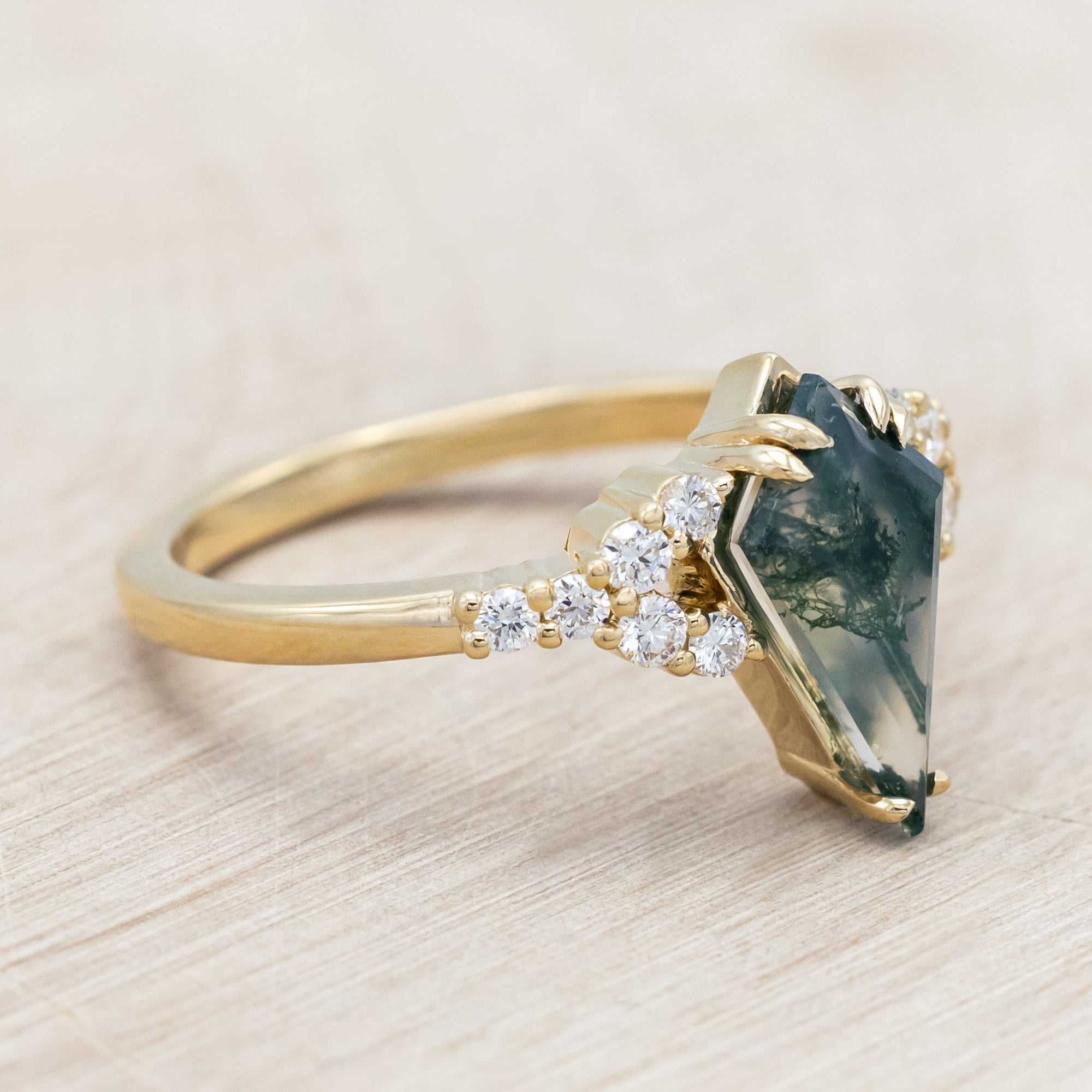 "LANIE" - KITE CUT MOSS AGATE ENGAGEMENT RING WITH DIAMOND ACCENTS AND DOUBLE CLAW PRONGS-Staghead Designs