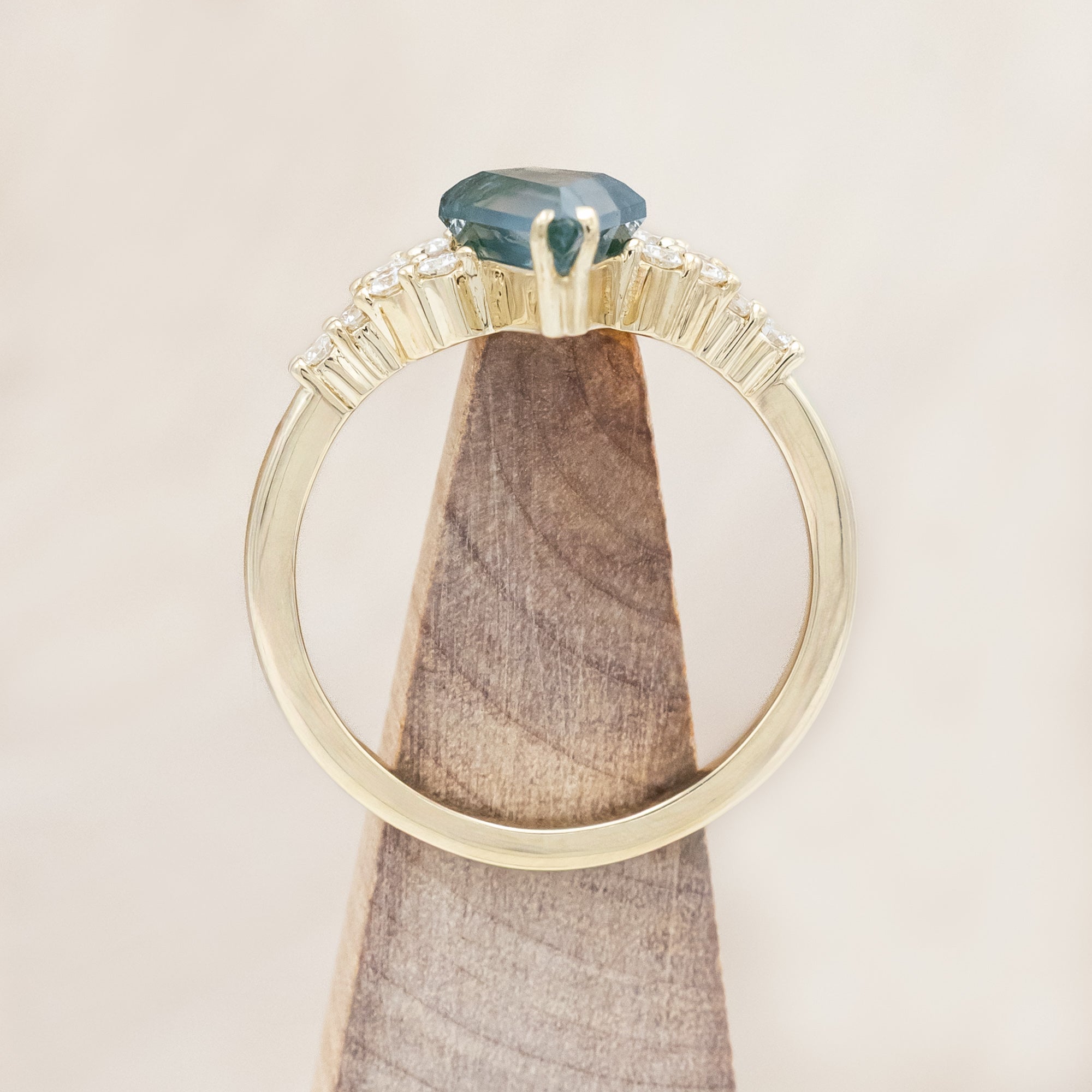 "LANIE" - KITE CUT MOSS AGATE ENGAGEMENT RING WITH DIAMOND ACCENTS AND DOUBLE CLAW PRONGS-Staghead Designs