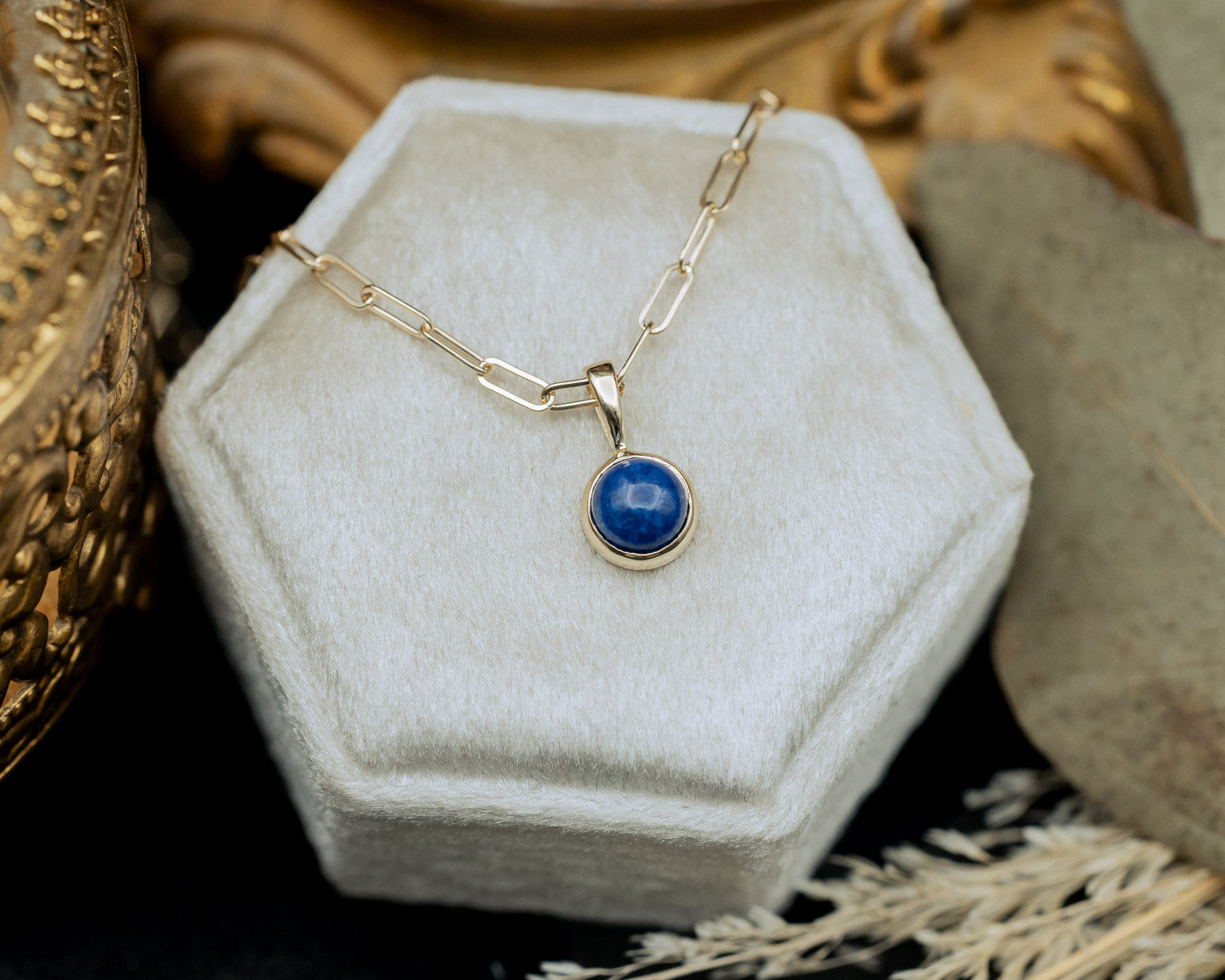 BEZEL SET ROUND PENDANT WITH YOUR CHOICE OF MOSS AGATE, MOONSTONE, LAPIS LAZULI, OR TURQUOISE-13