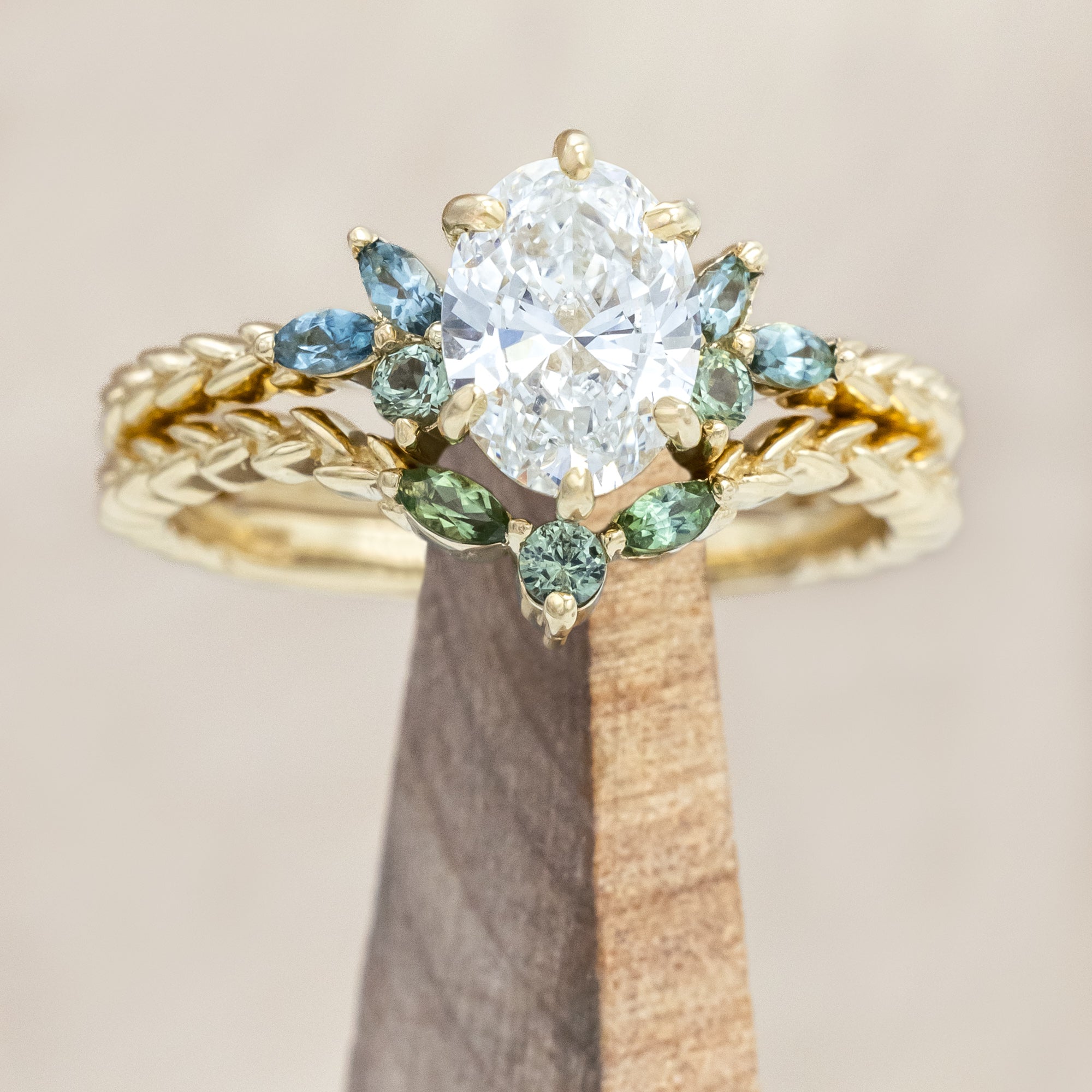 "LAUREL" - OVAL CUT LAB-GROWN DIAMOND ENGAGEMENT RING WITH TOURMALINE AND MONTANA SAPPHIRE ACCENTS, SHOWN WITH A CONTOURED TRACER-Staghead Designs
