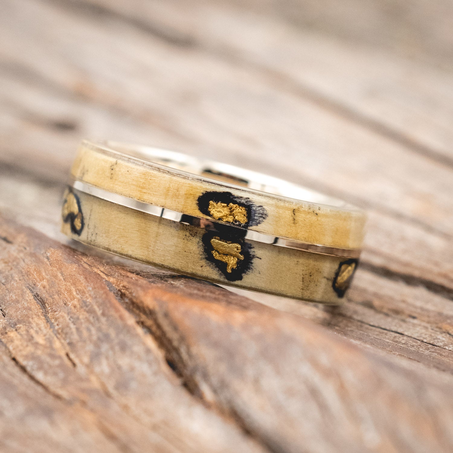 "GOLDEN" - BUCKEYE BURL WOOD & ALASKAN PANNED GOLD NUGGETS WEDDING RING-Staghead Designs